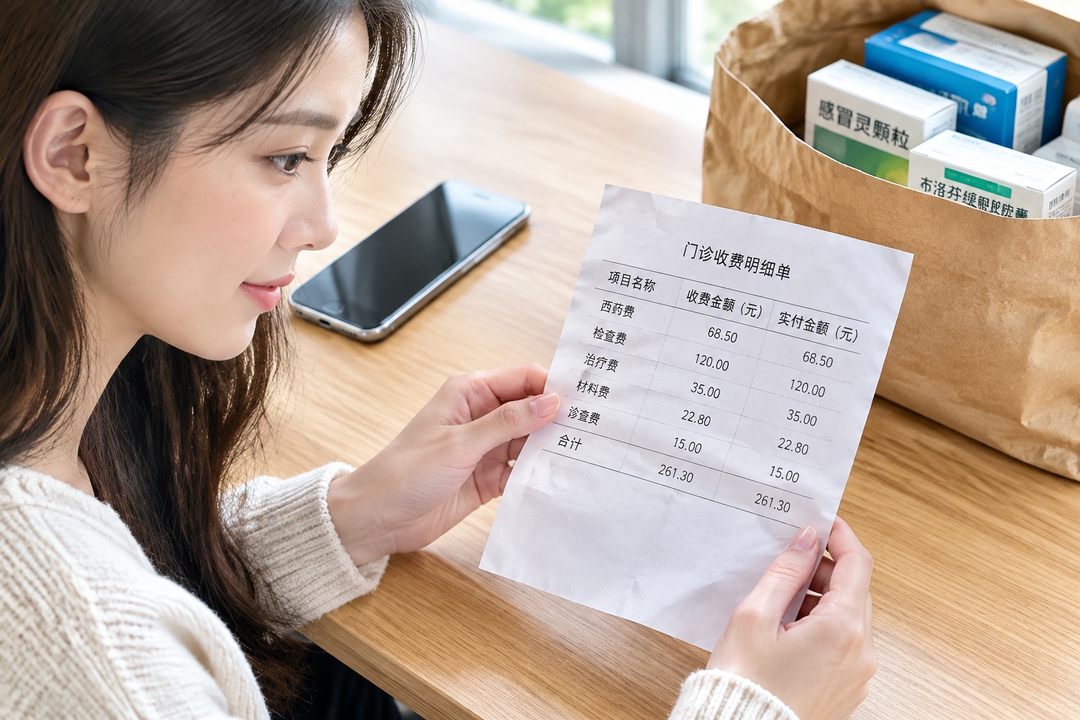 Printed itemised medical receipt and a bag of medicine boxes on a wooden table after a clinic visit in Chengdu