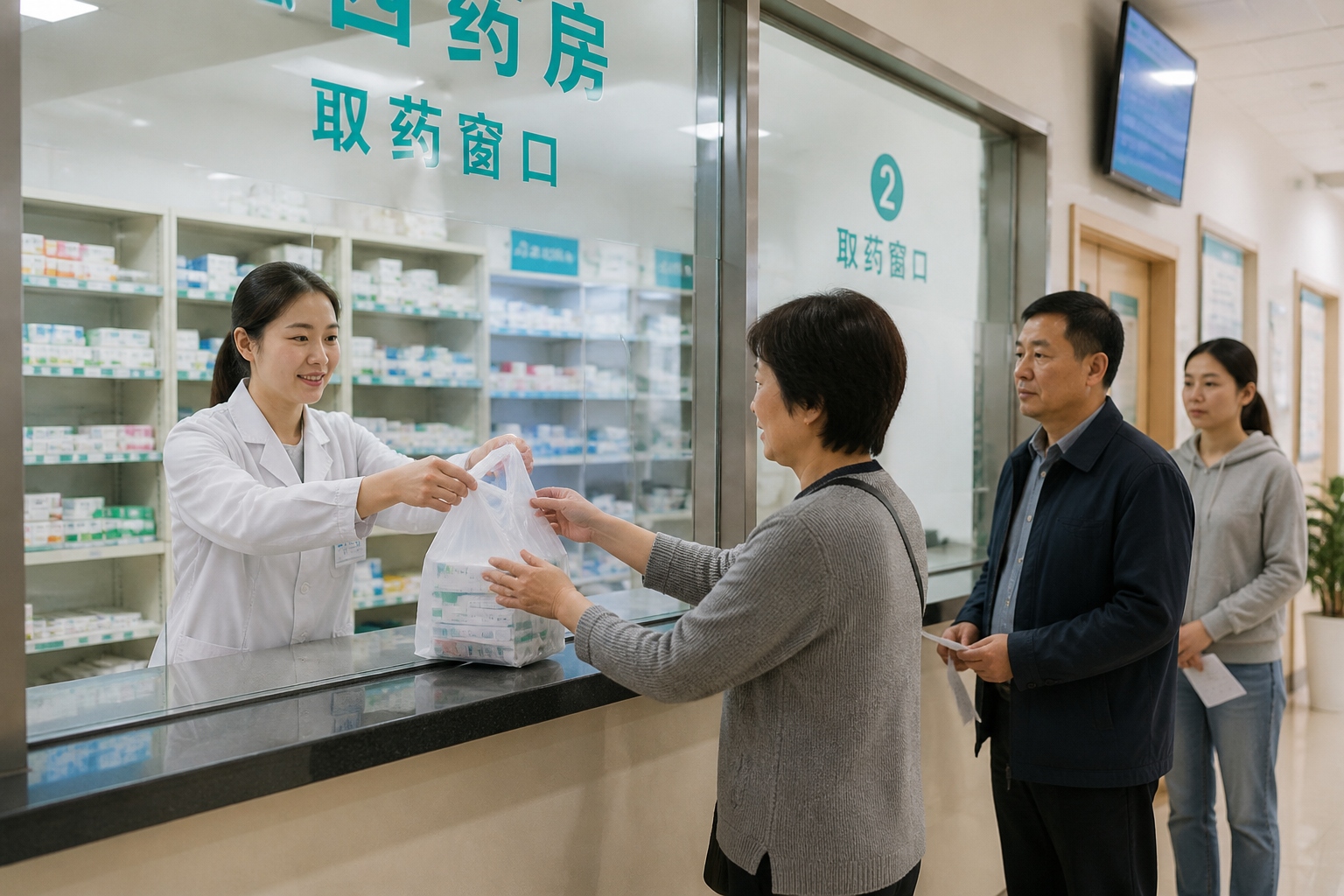 Pharmacist handing a bag of medicine to a patient at a pharmacy dispensing window inside a Chinese community clinic