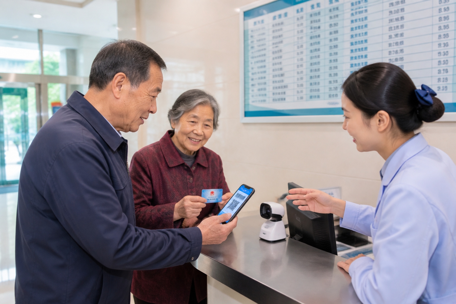Elderly couple paying at a Chengdu clinic registration counter using a phone QR code and a paper medical insurance card