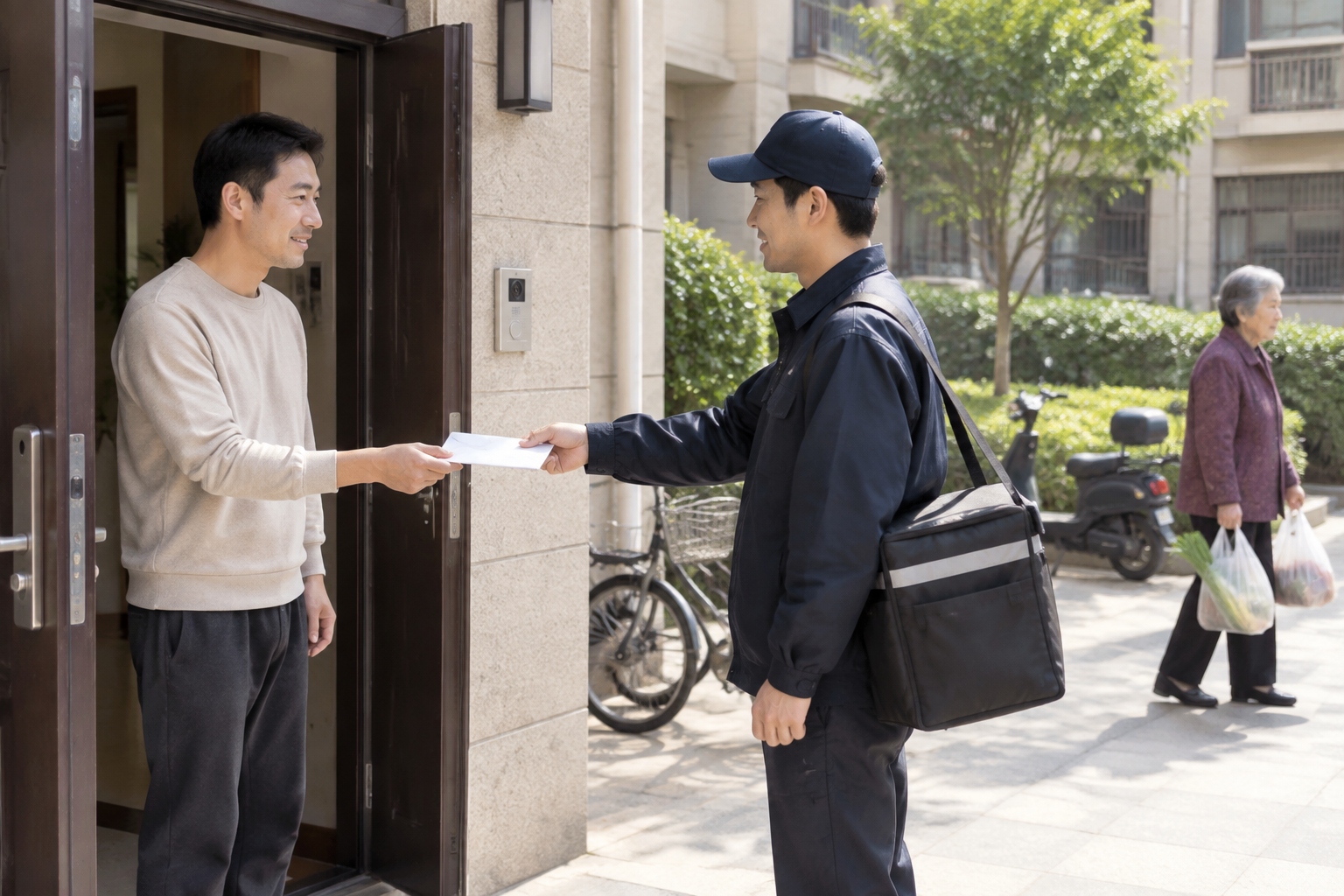 A man in a doorway receiving a thin envelope from a courier outside his apartment building in a Chinese city