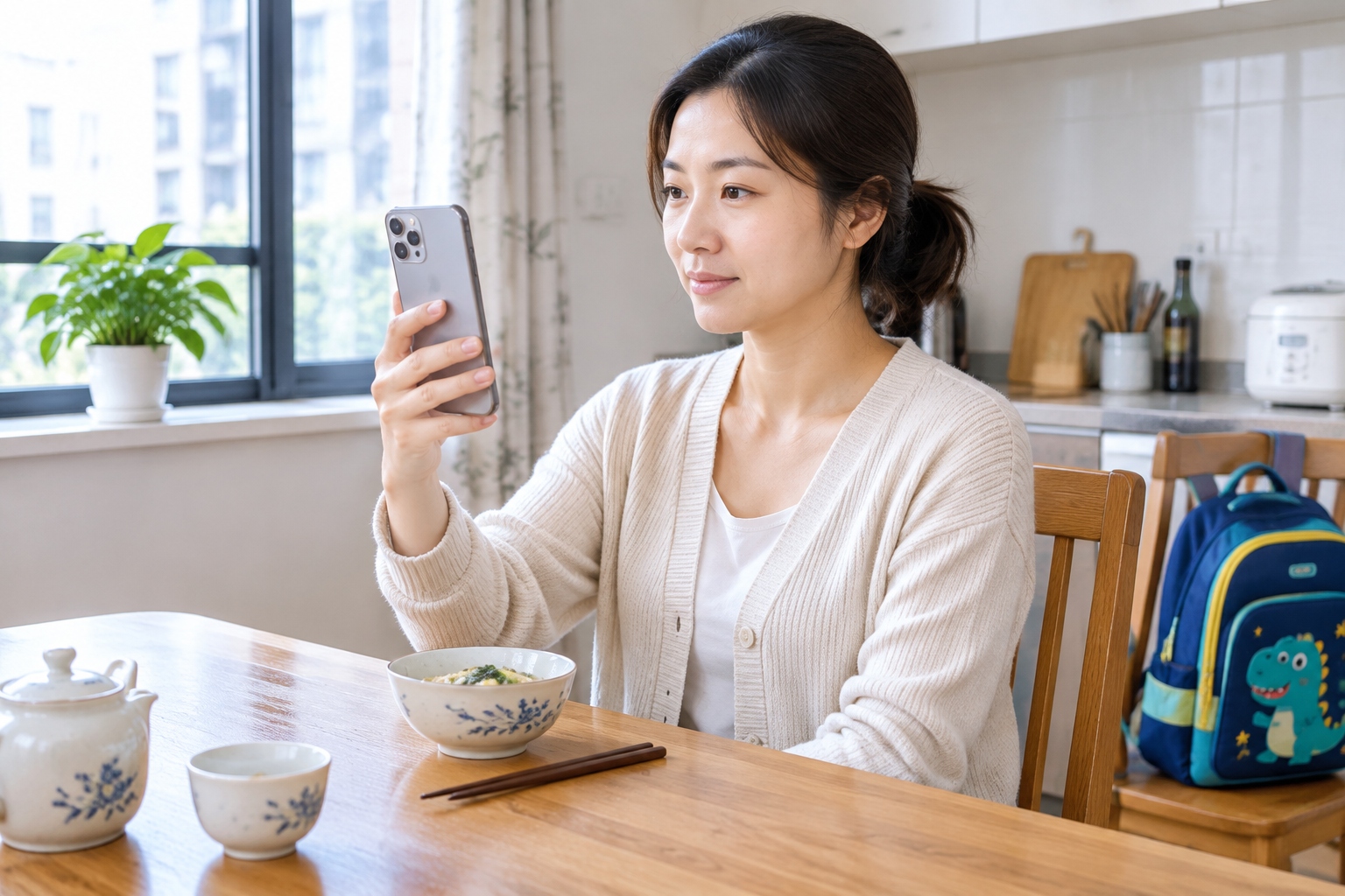 A woman holding her phone up at a kitchen table to complete an identity verification step on a Chinese government app