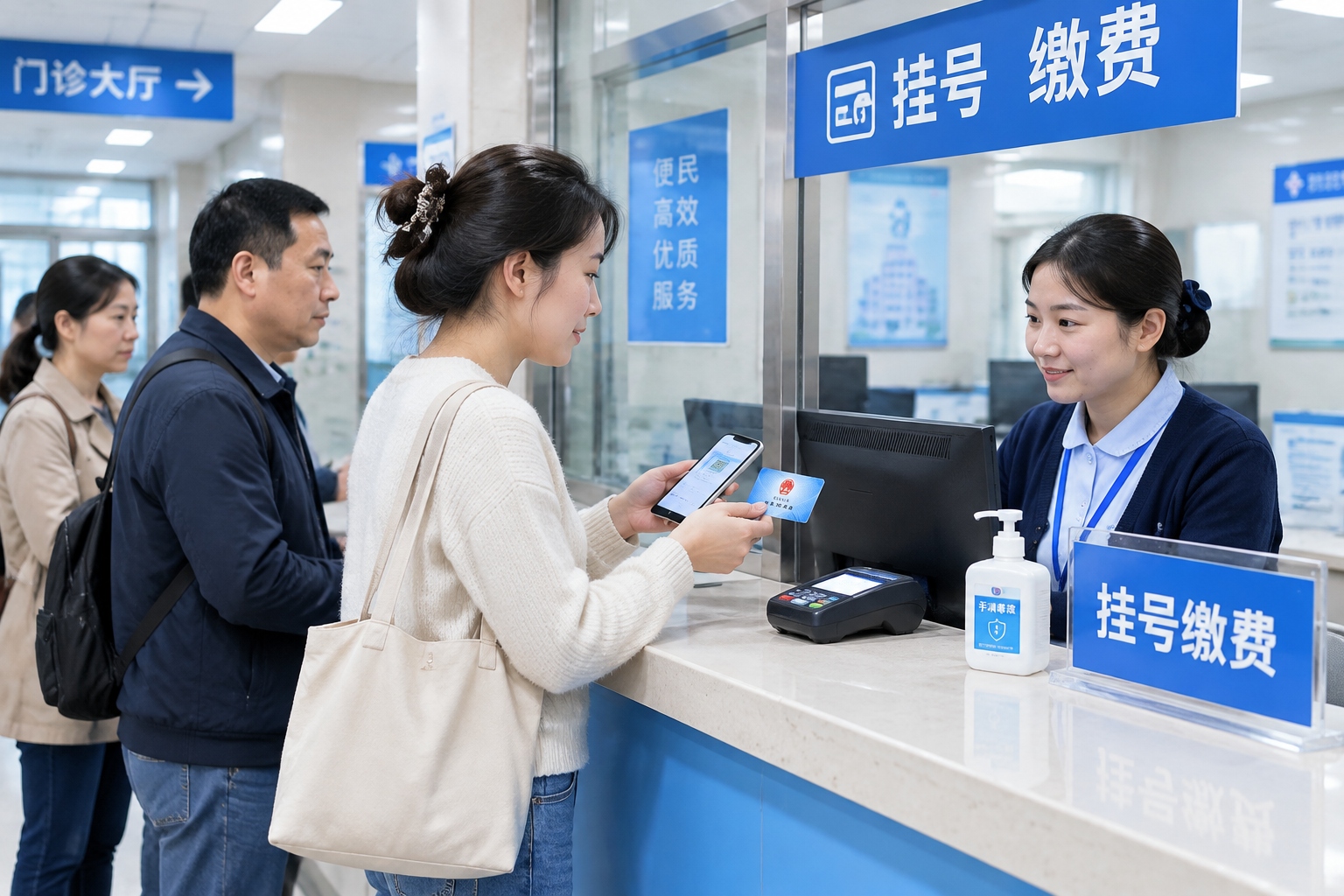 A patient paying with a medical insurance card at a hospital registration counter in China while holding her phone