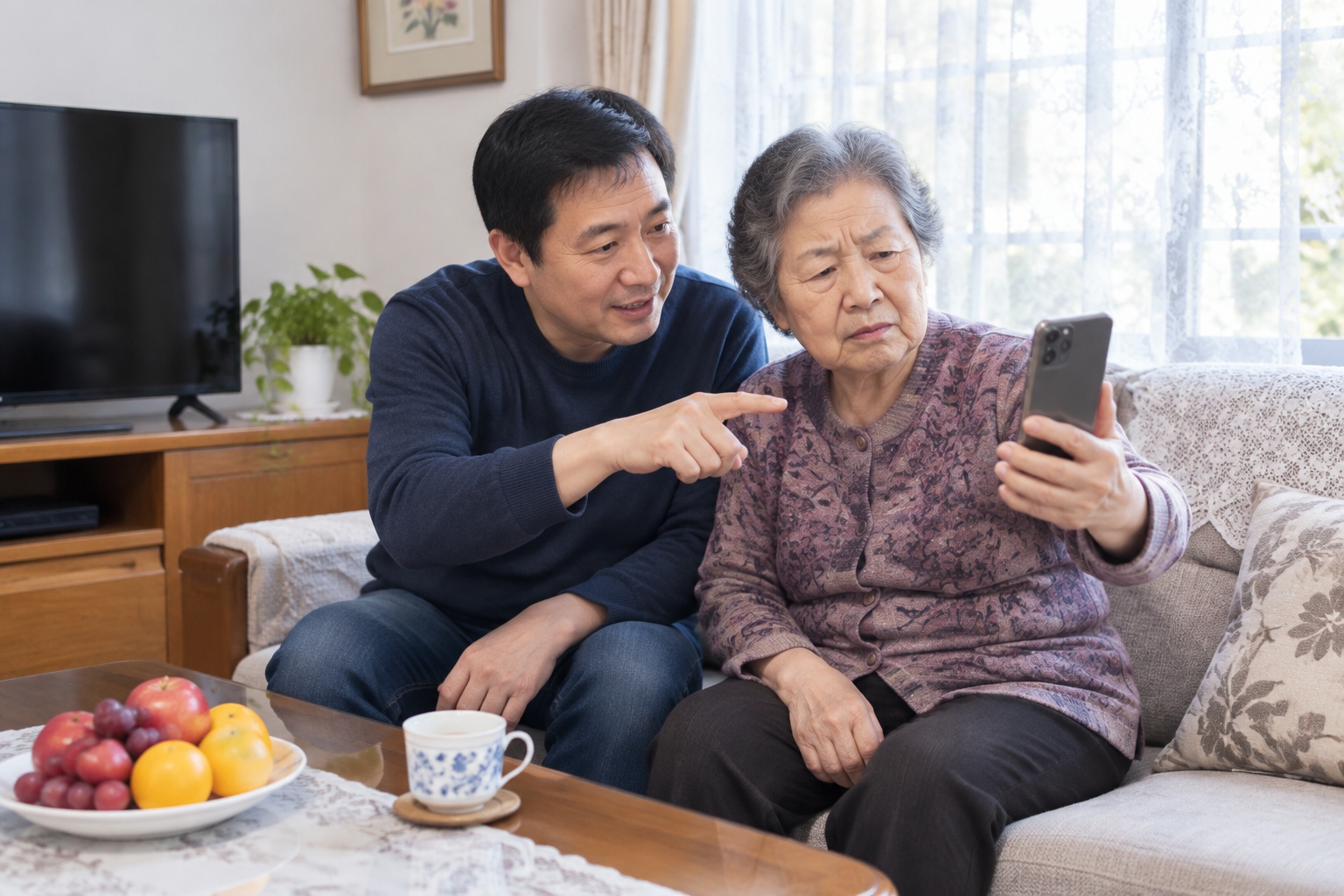 An adult son helping his elderly mother use a government service app on her smartphone at home in China