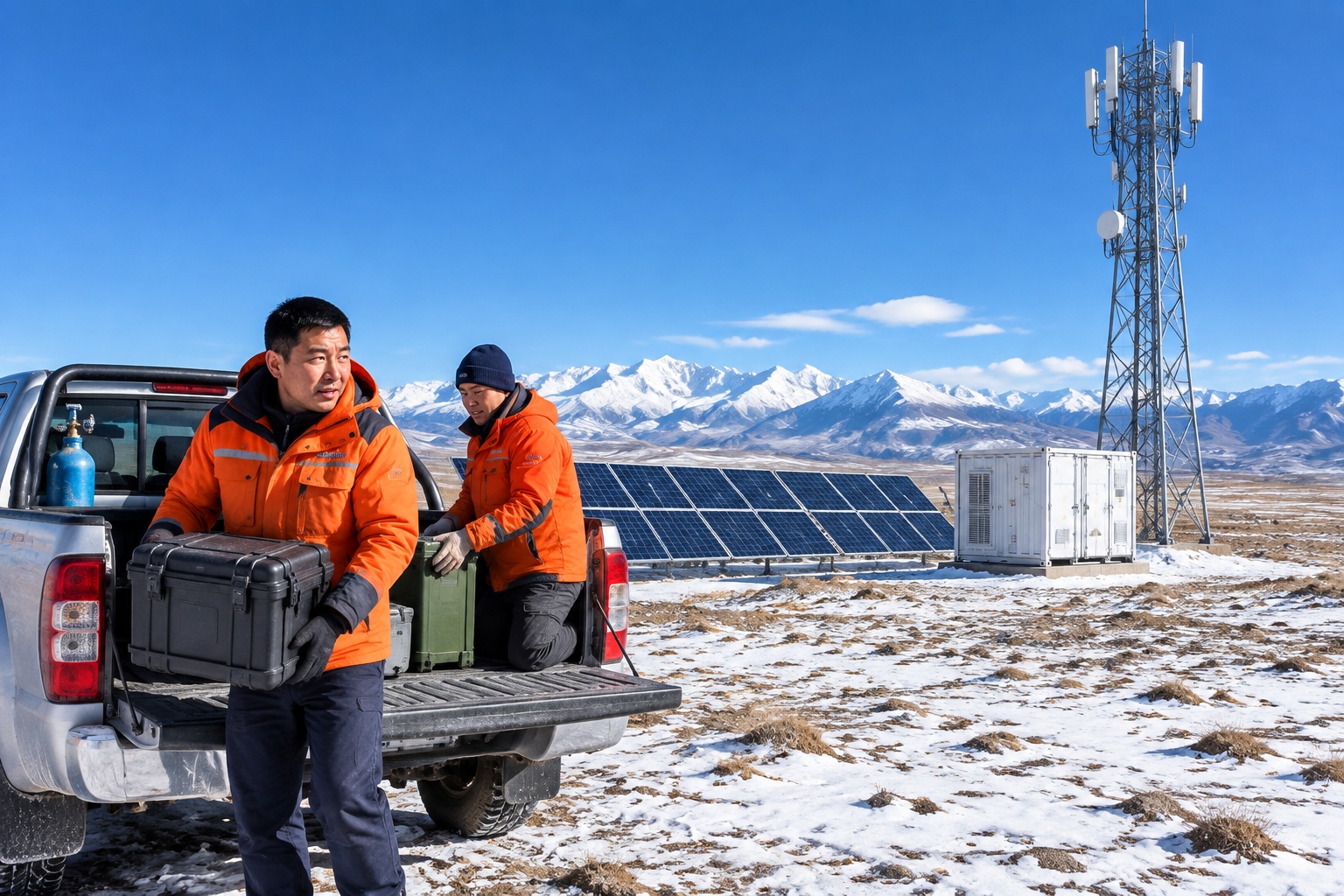 At 4,500 Meters Above Sea Level: 5G Signal and a Parcel Locker 22 Solar panels and a 5G telecom tower on a high-altitude plateau with technicians working beside a pickup truck and snow mountains in the distance