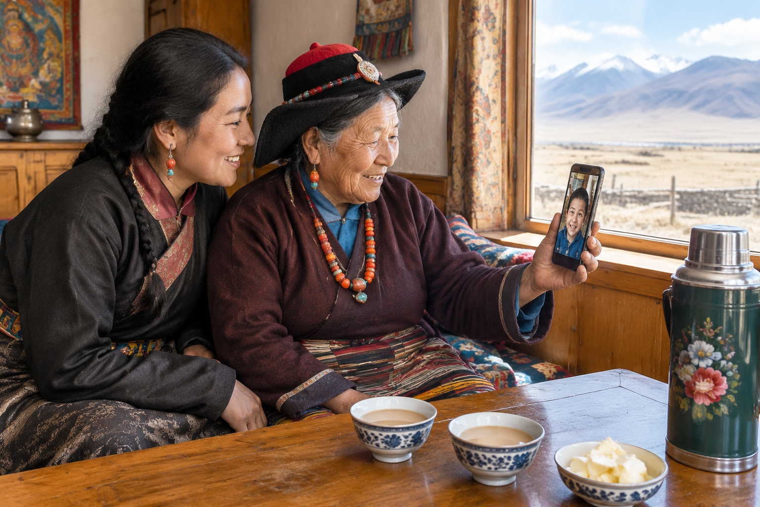 At 4,500 Meters Above Sea Level: 5G Signal and a Parcel Locker 23 A Tibetan herder family at home on the plateau using a smartphone video call while butter tea sits on a low table