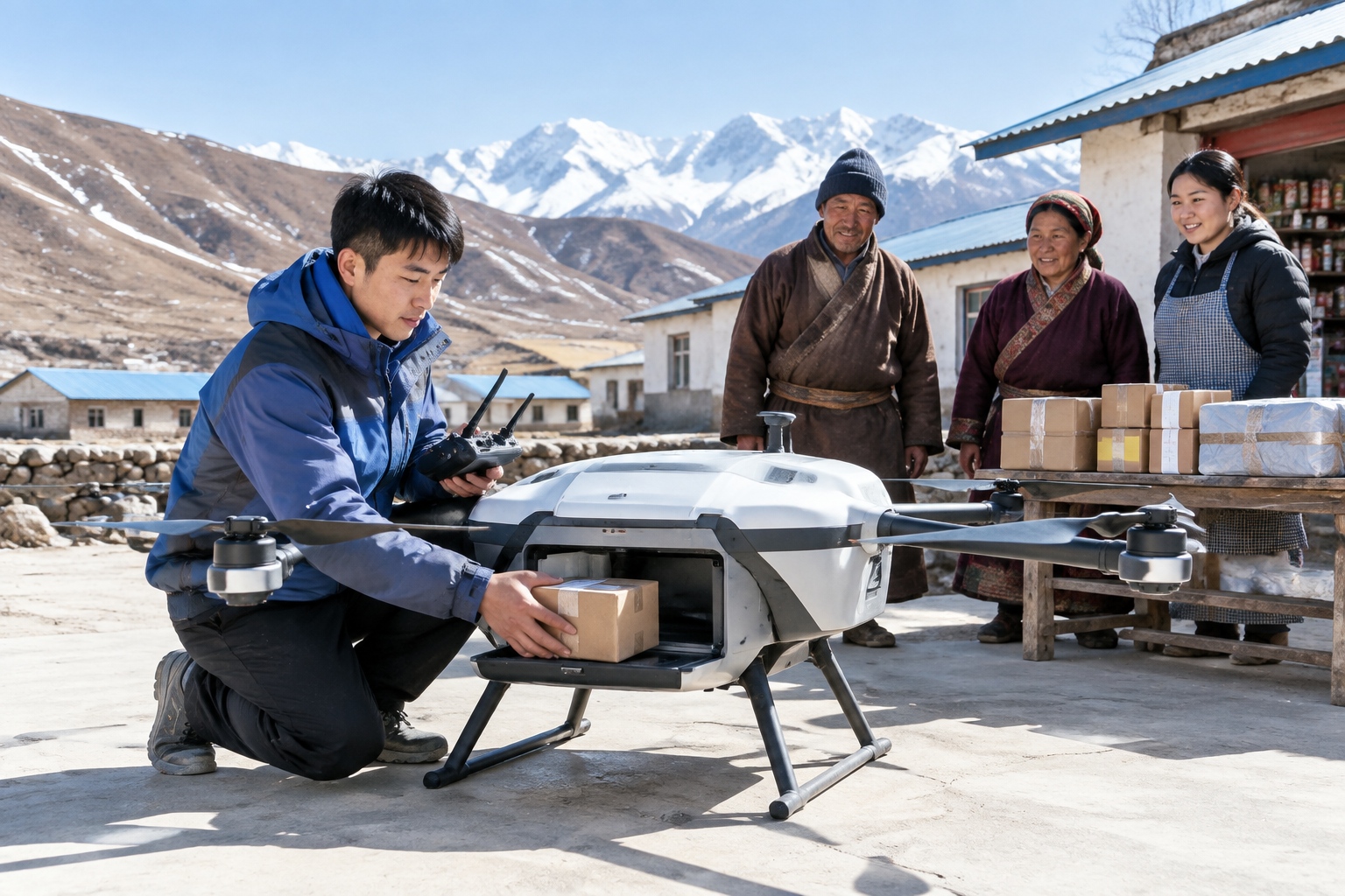 At 4,500 Meters Above Sea Level: 5G Signal and a Parcel Locker 24 A courier drone being loaded with a parcel at a remote highland village while villagers and a shopkeeper watch