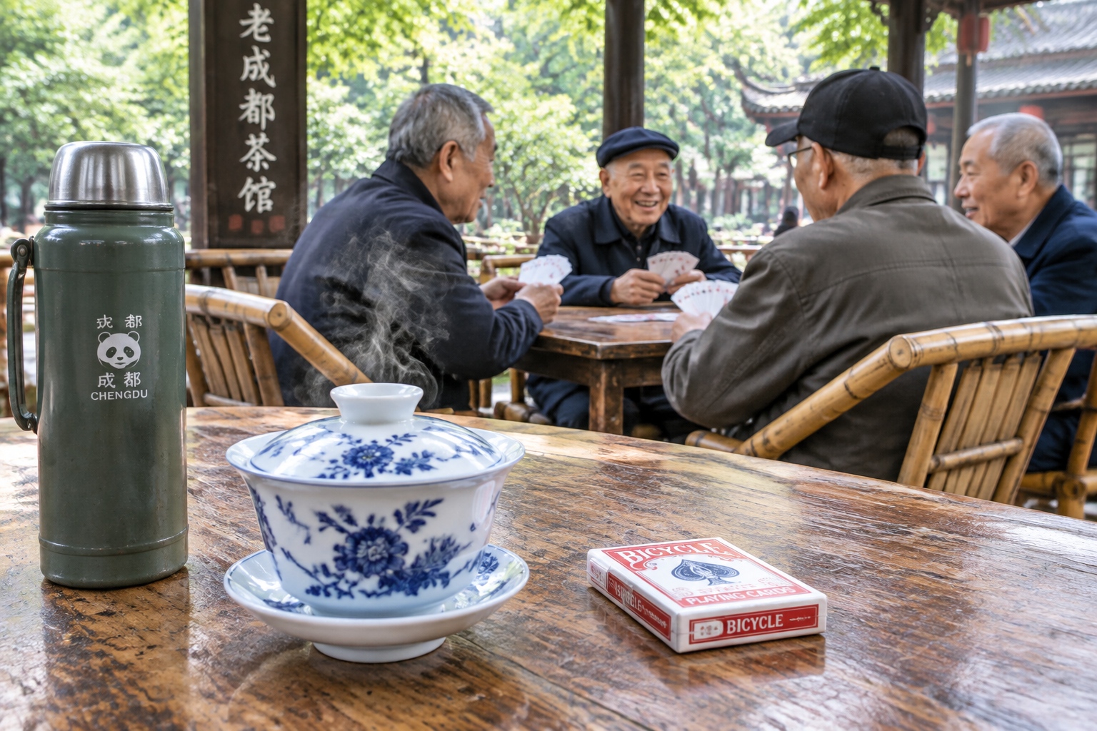 A covered bowl of jasmine tea steams on a wooden table at Heming Teahouse in Chengdu People's Park, with playing cards and a thermos nearby.