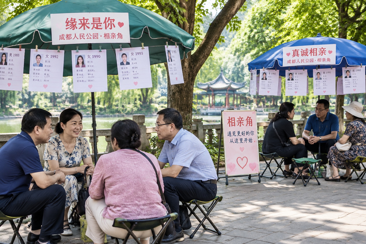 Parents gather at the matchmaking corner in Chengdu People's Park, with umbrellas covered in paper resumes listing their children's details.