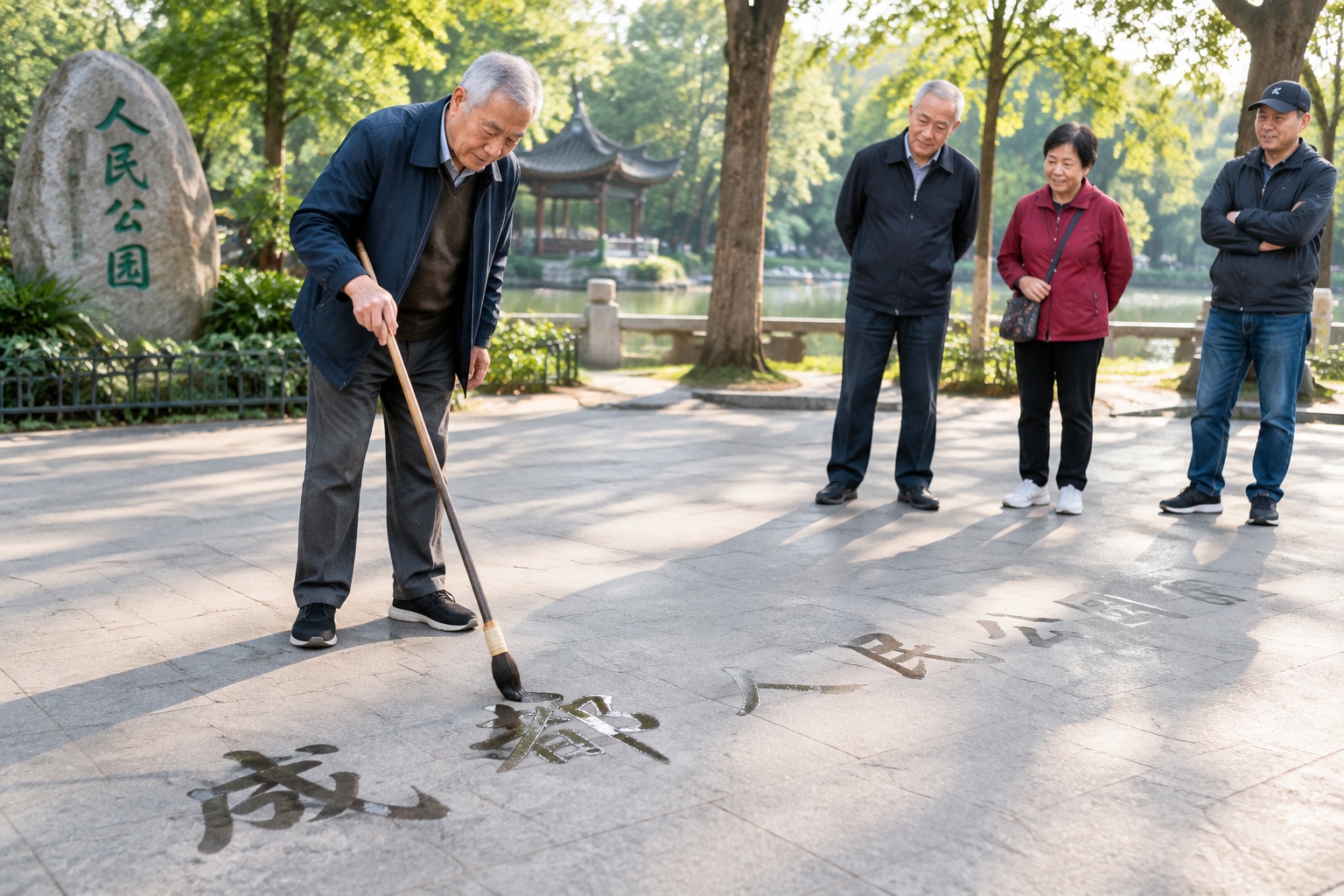An older man writes calligraphy with water on the pavement in Chengdu People's Park as onlookers watch in the late afternoon.