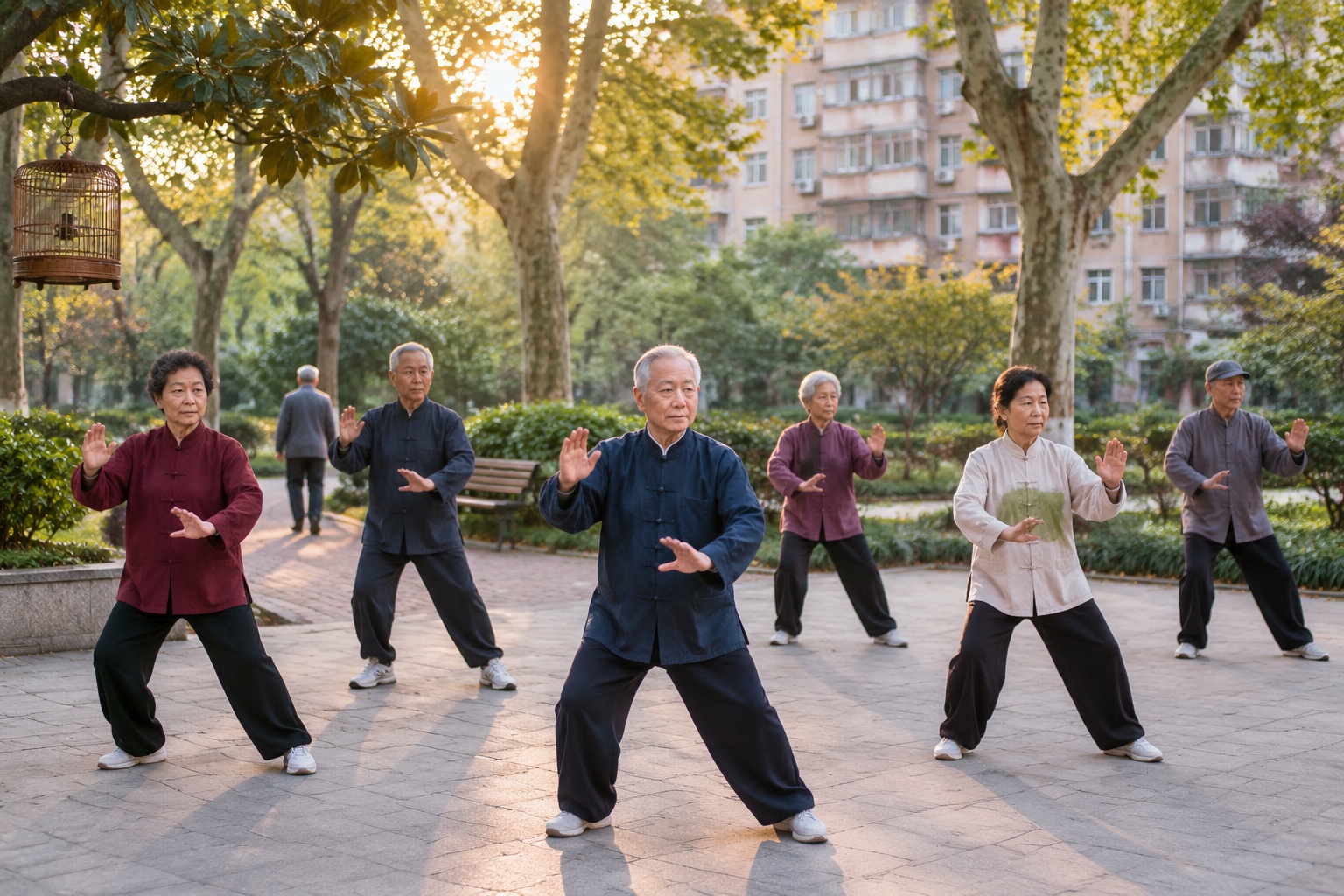 Elderly Chinese residents doing tai chi at sunrise in a Shanghai neighborhood park, with apartment blocks visible behind the trees