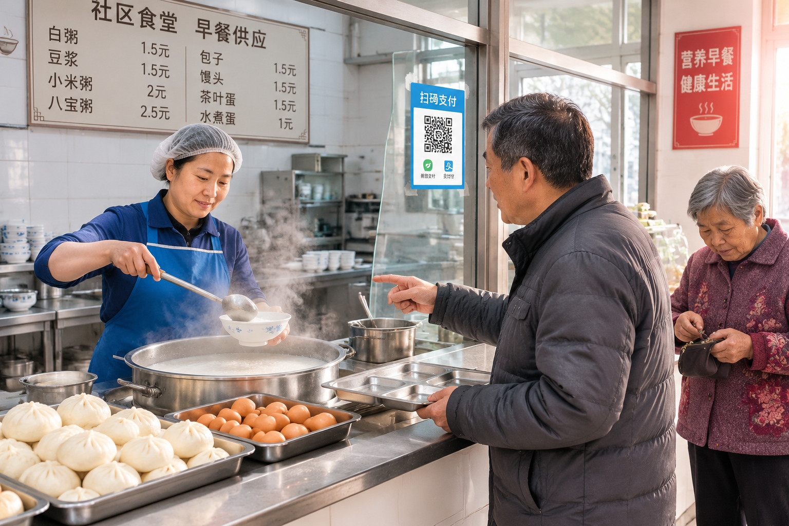 A worker ladling rice congee at the breakfast counter of a community canteen in Shanghai while elderly customers queue with trays