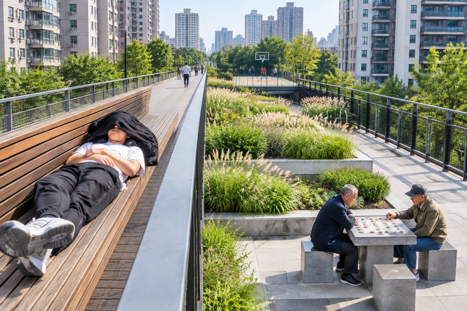 A narrow linear park built on a former railway line in Shanghai, with a napping man on the upper deck and two men playing chess below