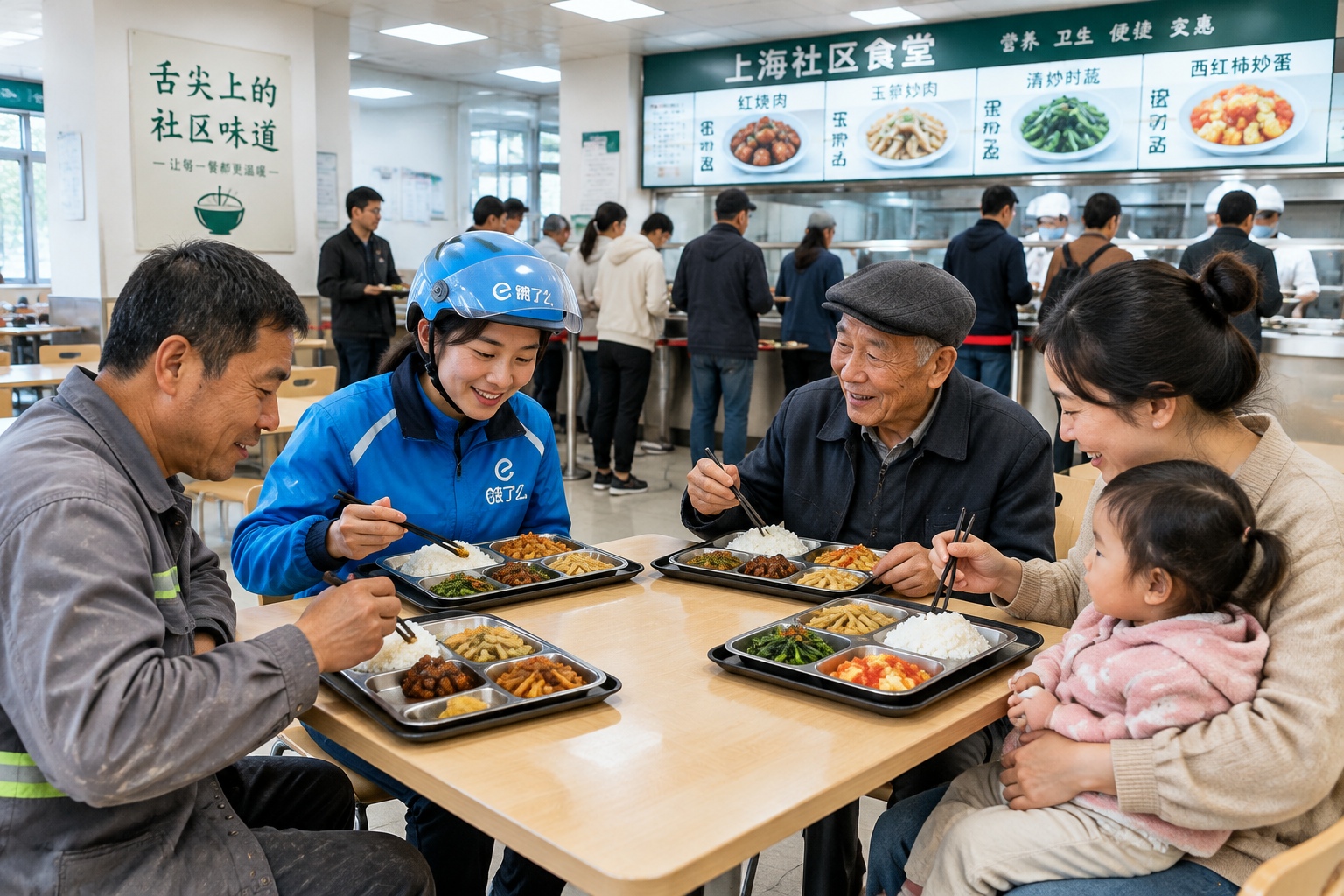Strangers of different generations sharing one table over trays of rice and vegetables at a busy community canteen in Shanghai