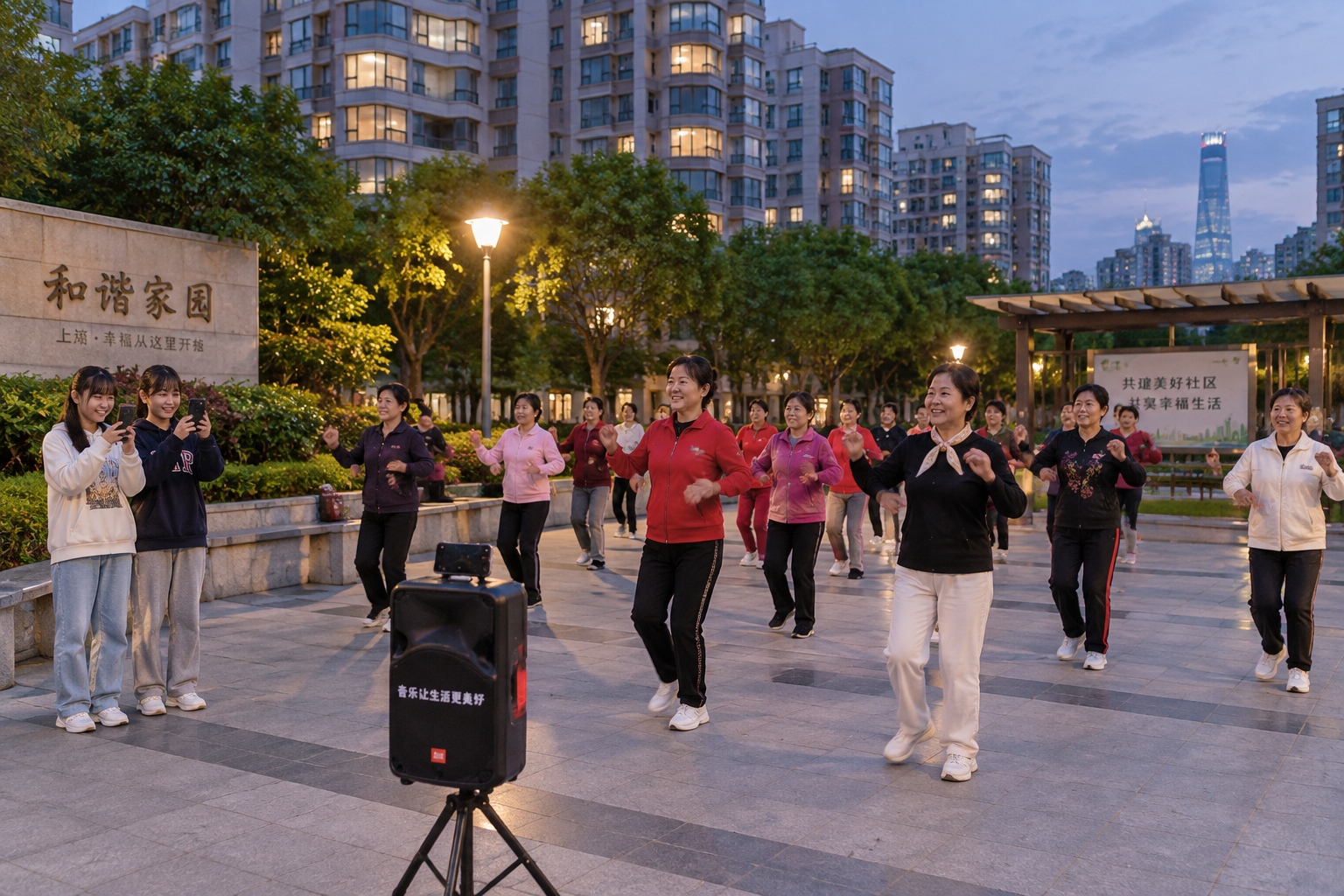 Women in their fifties and sixties square dancing in a Shanghai residential plaza at dusk while two teenagers film themselves at the edge