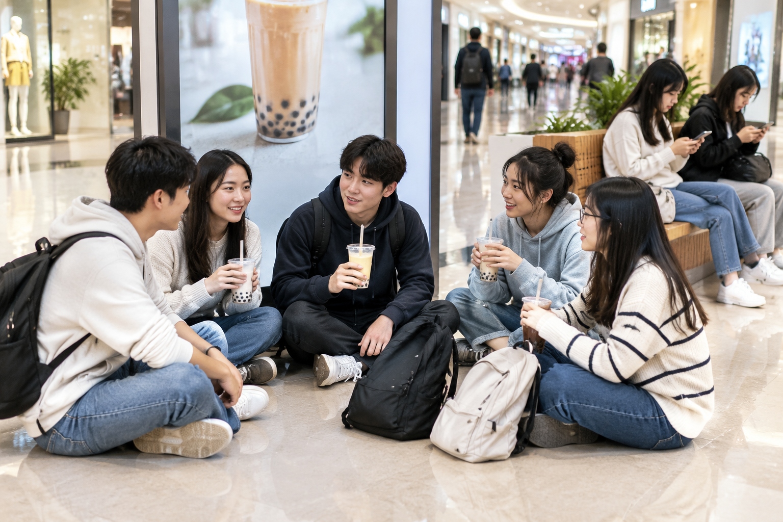 Young people sitting on the floor with bubble tea cups beside an escalator inside a Chinese shopping mall