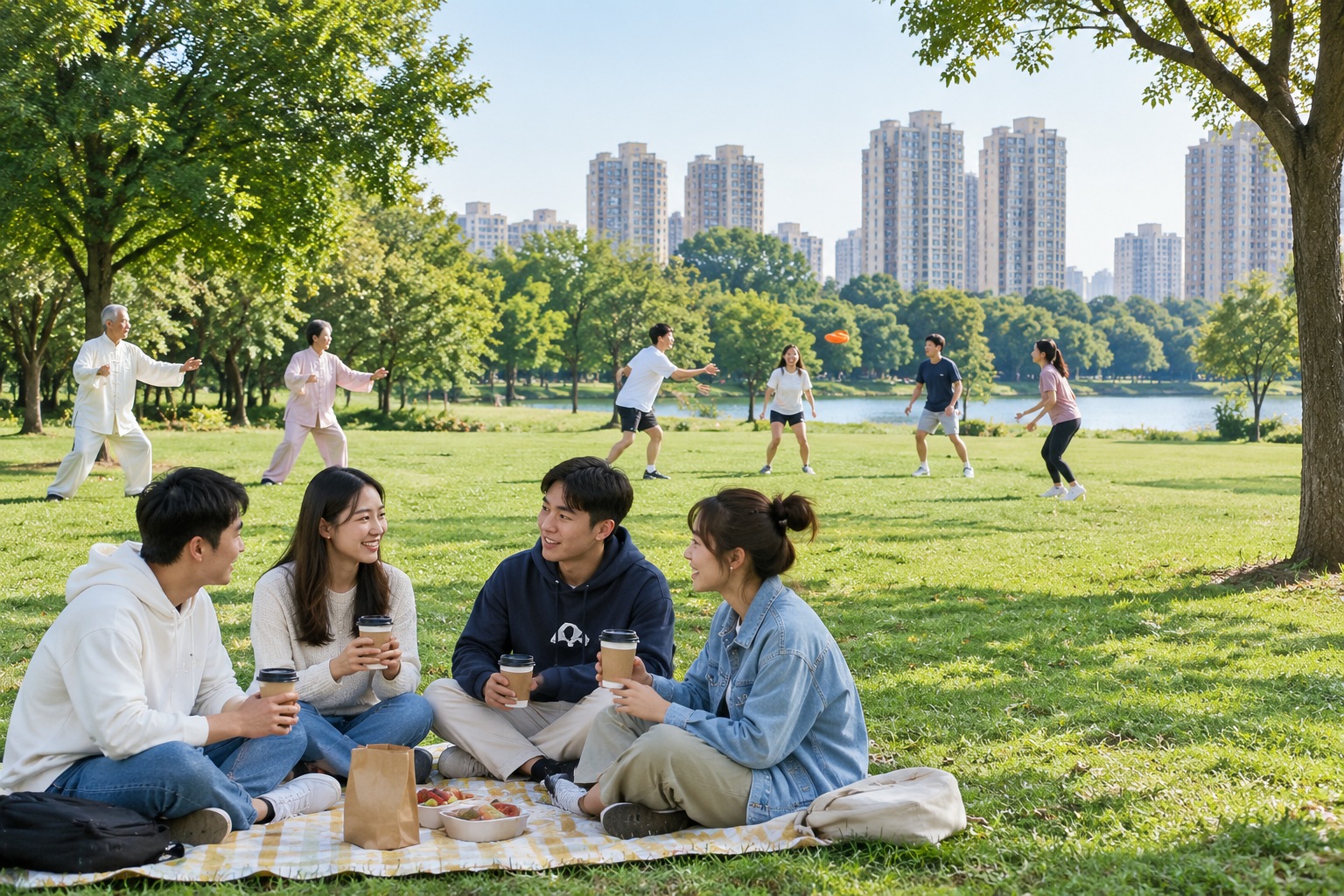 Young people on picnic mats in a Chinese city park with elderly people practicing taiji in the background