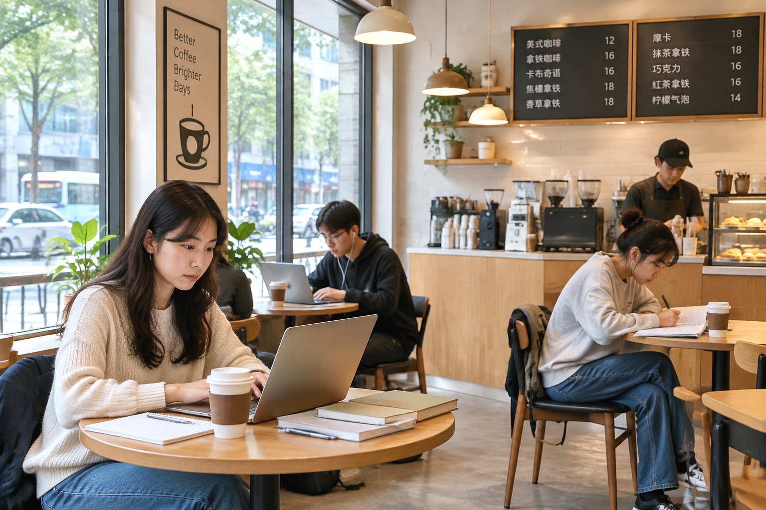 Students working on laptops in a Chinese chain coffee shop with paper coffee cups on the table