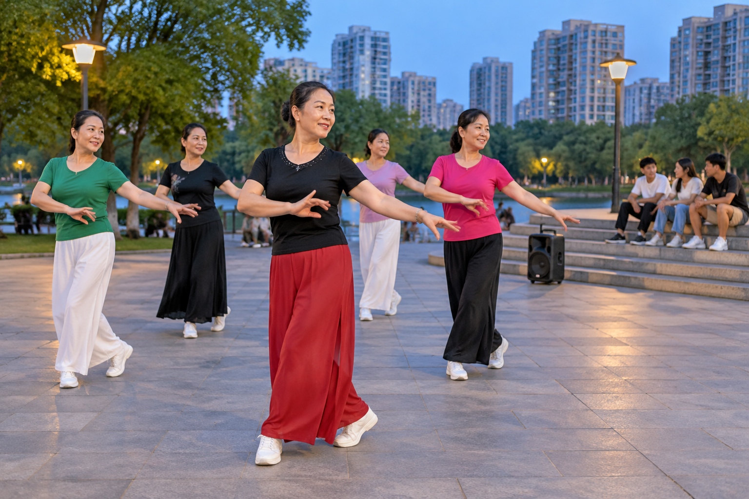 Young people sitting on steps in a Chinese park at dusk while a group dances to a portable speaker nearby