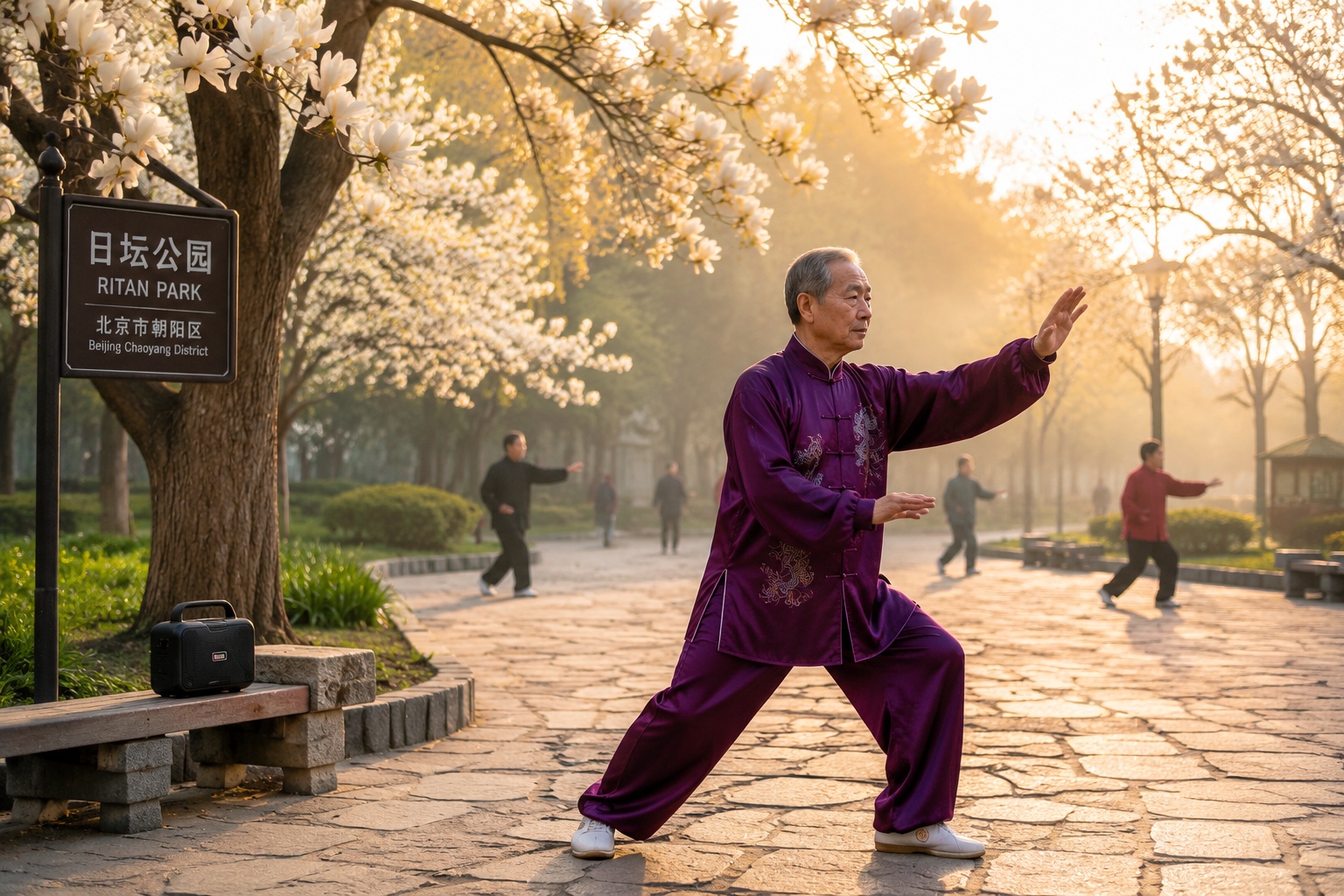 Elderly Chinese man practicing tai chi in a misty park at dawn, with other seniors exercising in the background