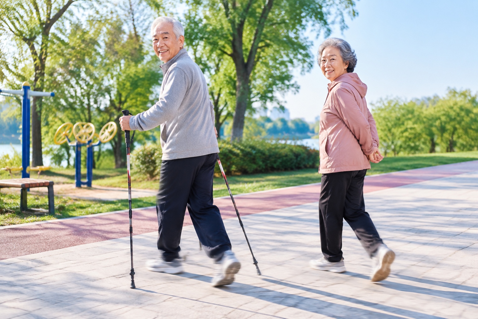Chinese seniors walking backward in a park for back health and balance training