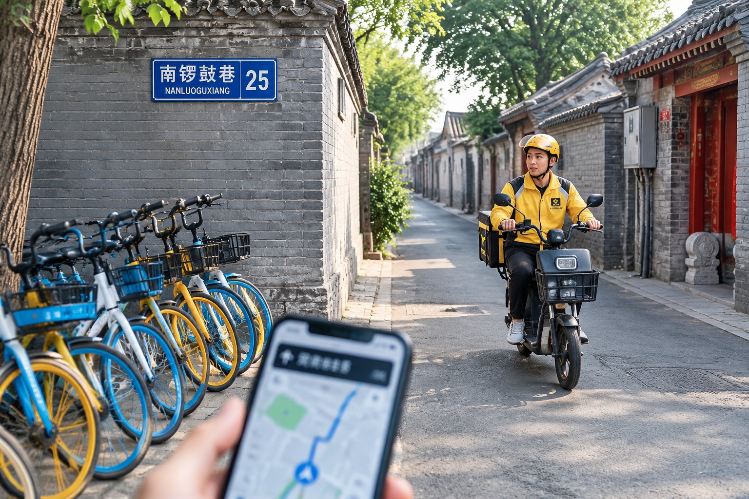 Entrance to a grey-brick hutong lane in Beijing's old city with a blue street-name plaque, parked shared bikes and a delivery rider passing through in the morning light