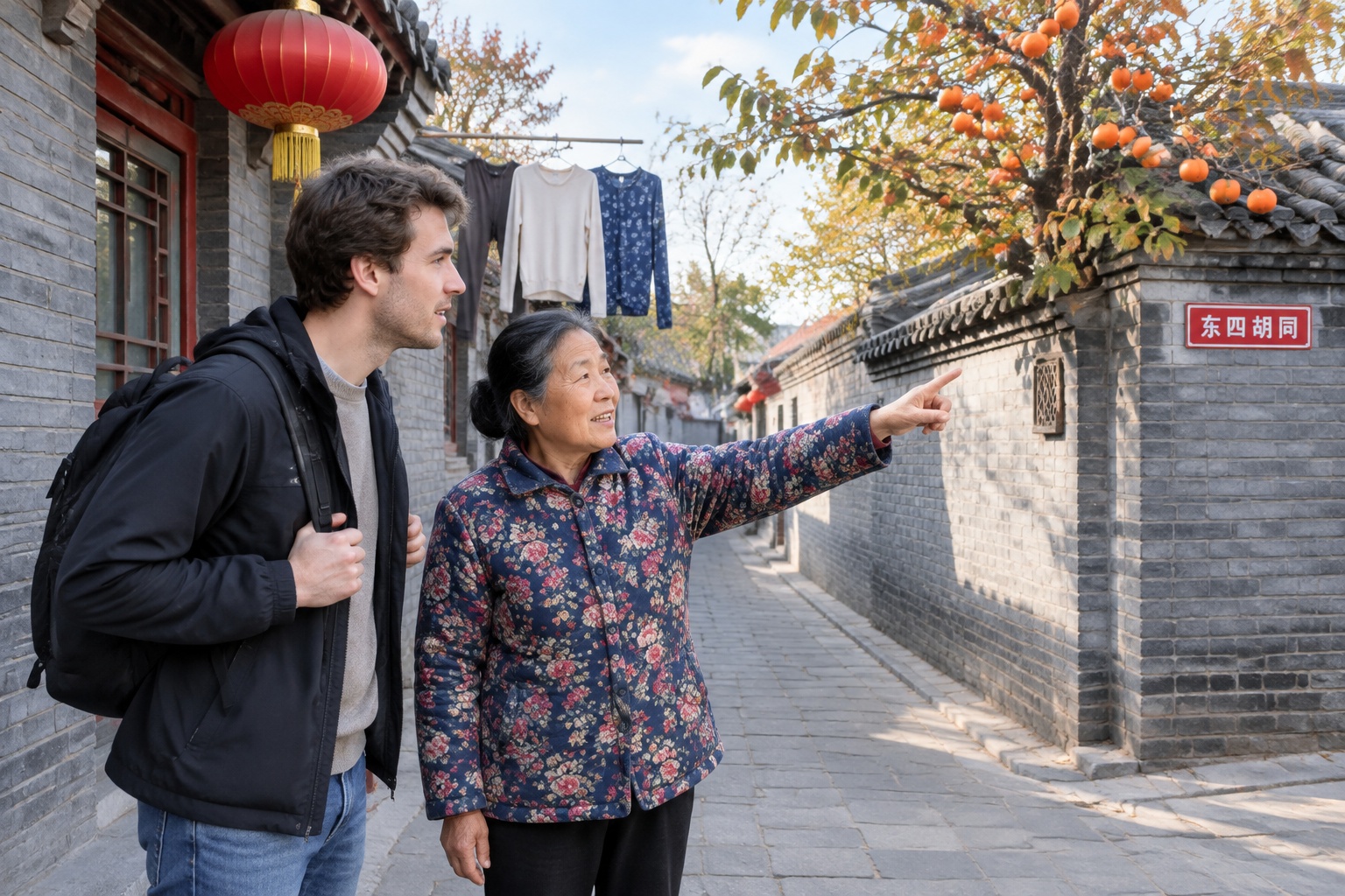 An older woman in a floral jacket pointing towards a persimmon tree at a hutong corner while a foreign visitor follows her direction in a Beijing alley