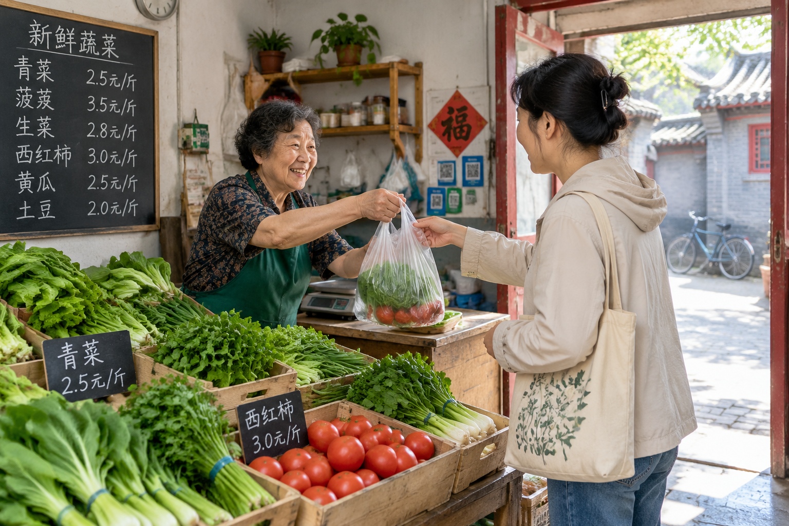 A small neighbourhood vegetable shop inside a Beijing hutong with crates of produce and prices chalked on a blackboard while a shopkeeper serves a customer