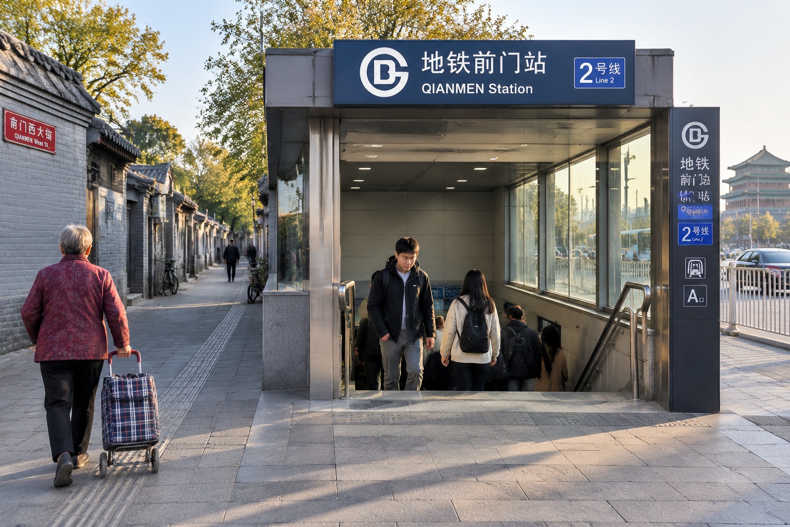 A Beijing subway entrance on a wide street with commuters entering while a woman with a shopping trolley walks back towards a narrow hutong lane