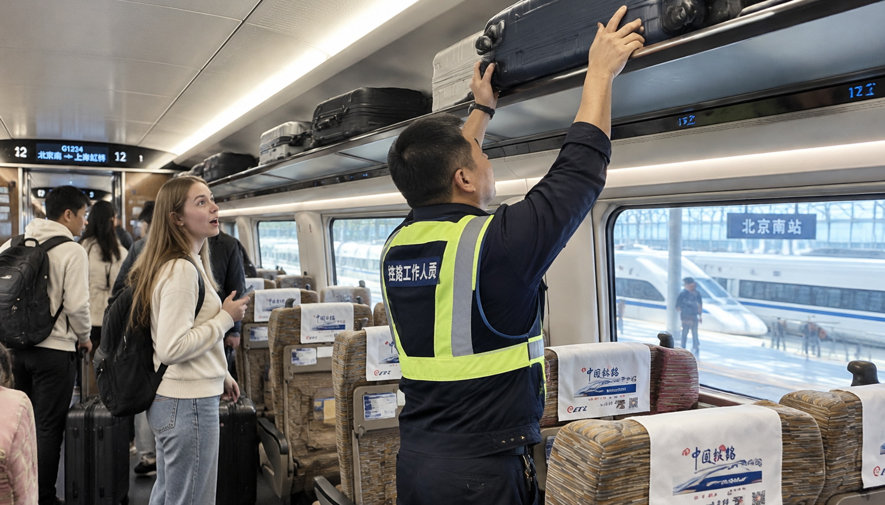 Foreigners Expect Cold Shoulders in China? These Street Moments Changed Their Minds 24 A man in a work vest lifts a heavy suitcase onto a train luggage rack for a young foreign passenger at a Chinese high-speed rail station
