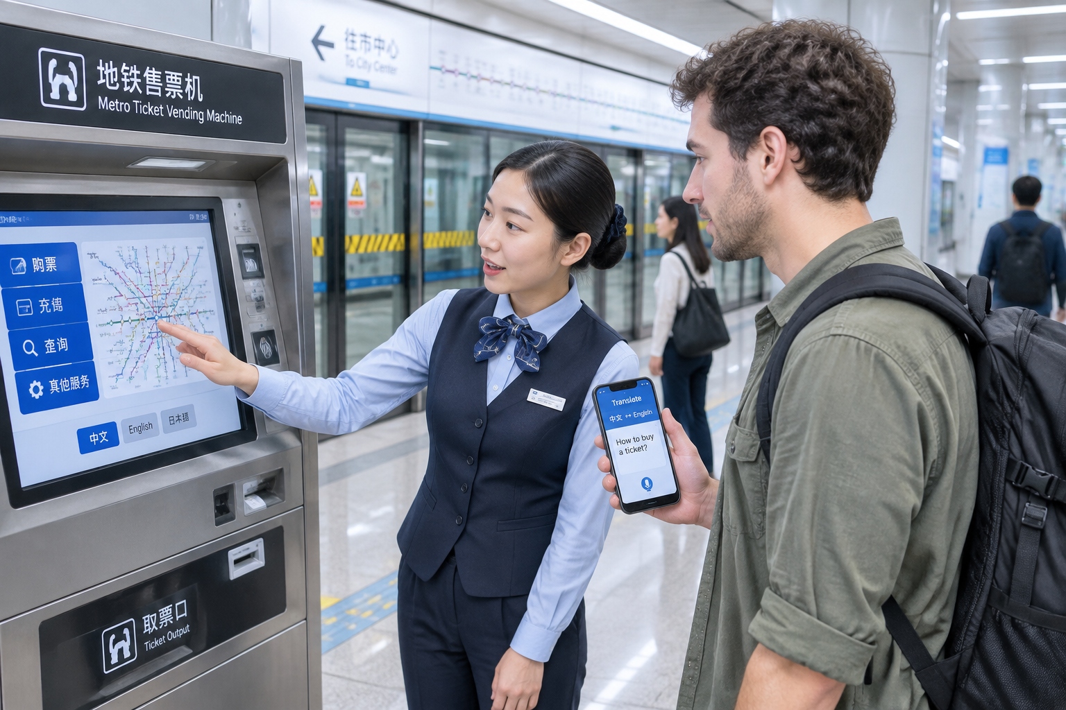 Foreigners Expect Cold Shoulders in China? These Street Moments Changed Their Minds 22 A young Chinese commuter helps a foreign traveler use a metro ticket machine in a Chinese subway station while he holds up a translation app on his phone