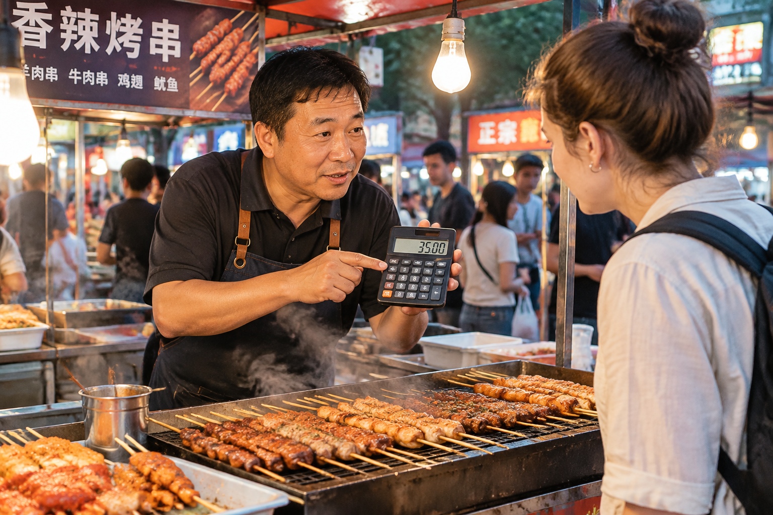 Foreigners Expect Cold Shoulders in China? These Street Moments Changed Their Minds 23 A night market food vendor in China shows a calculator with the price to a foreign customer at his grilled skewer stall
