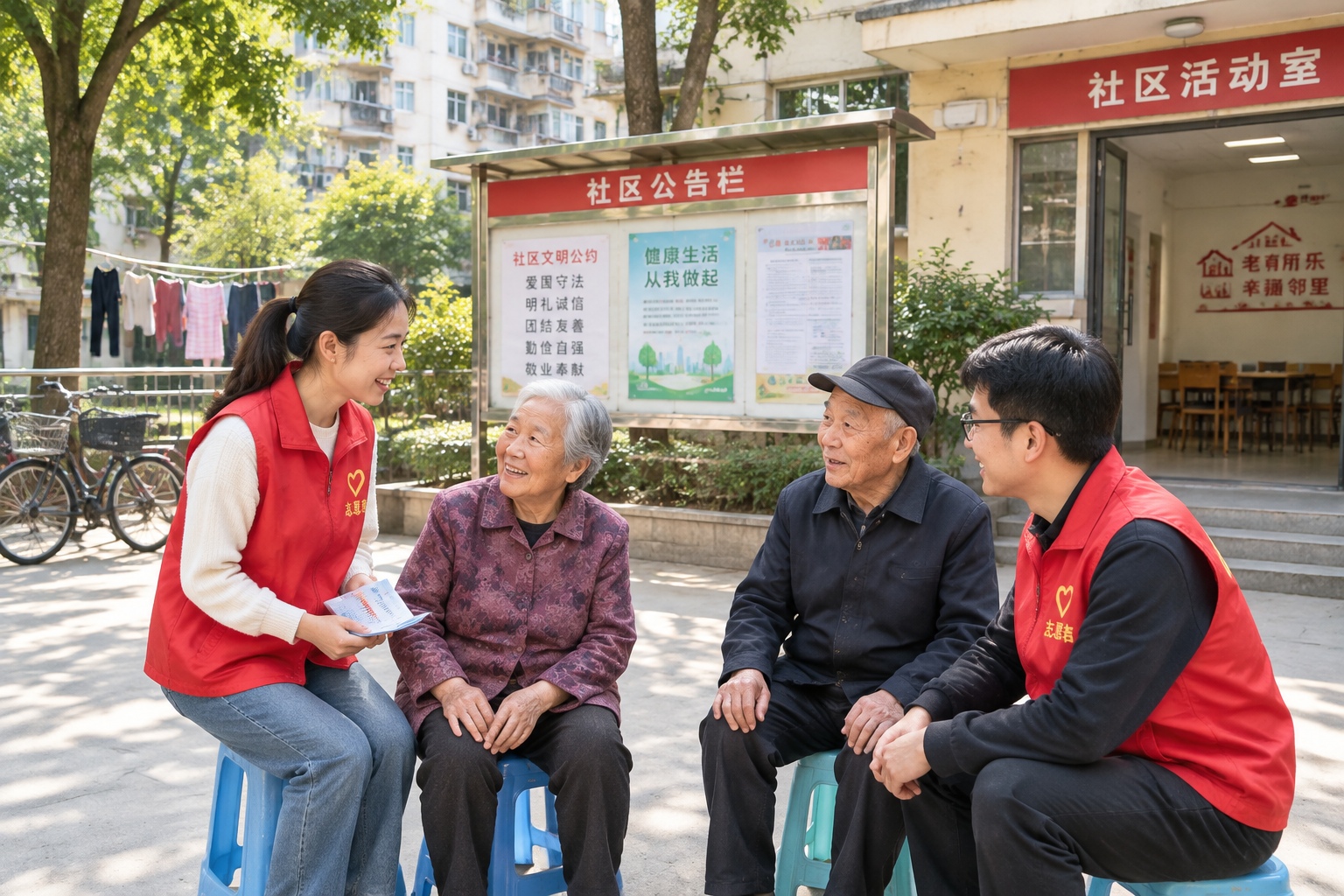 Foreigners Expect Cold Shoulders in China? These Street Moments Changed Their Minds 25 Community volunteers in red vests chat with elderly residents in the courtyard of a Chinese residential neighborhood in the morning