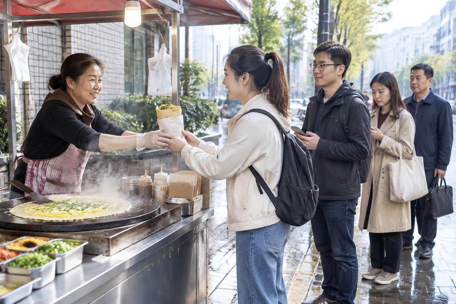 Chinese-Style Friendliness: Not Tour Guide Training, But Quiet Confidence 23 Steam rising from a morning breakfast stall on a Chinese city street as neighbours queue for food on their way to work