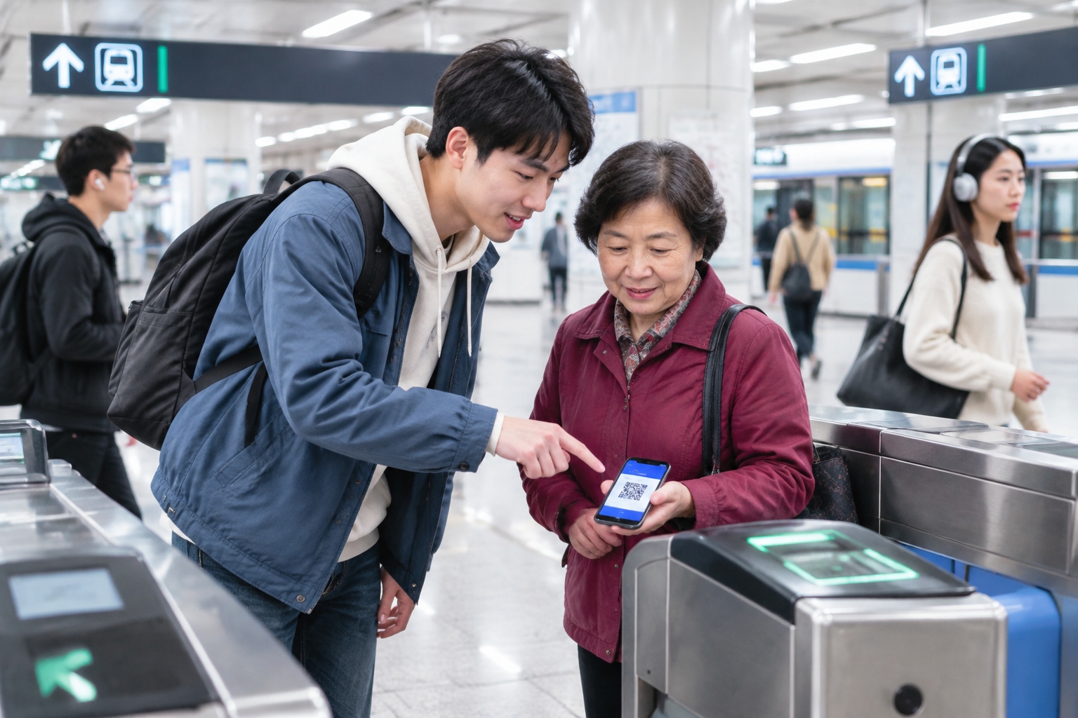 Chinese-Style Friendliness: Not Tour Guide Training, But Quiet Confidence 24 A young commuter helping an older woman scan a QR code on her phone at a subway ticket gate in a Chinese city