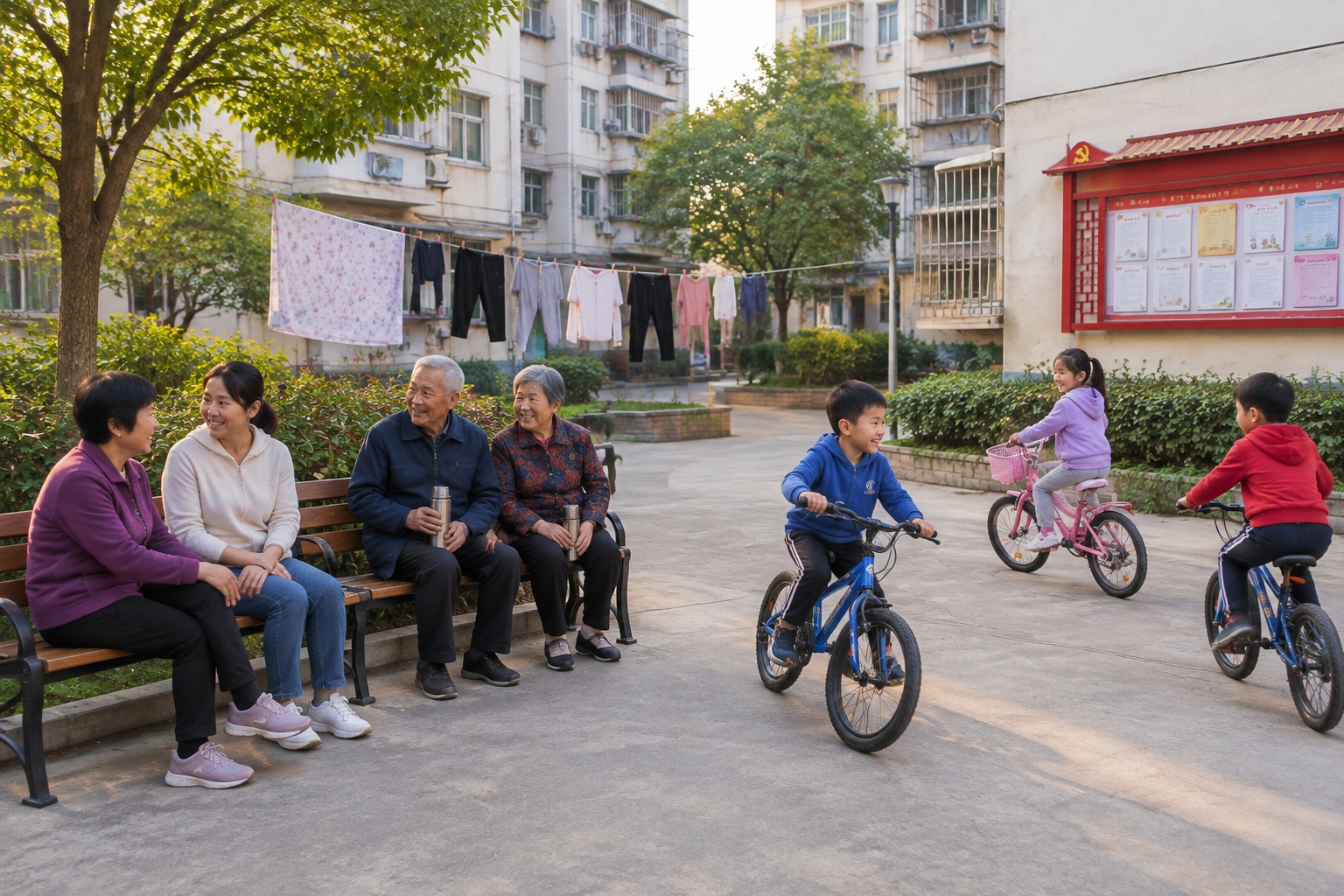 Chinese-Style Friendliness: Not Tour Guide Training, But Quiet Confidence 25 Residents of different ages chatting in the courtyard of a Chinese residential compound in the late afternoon while children cycle nearby