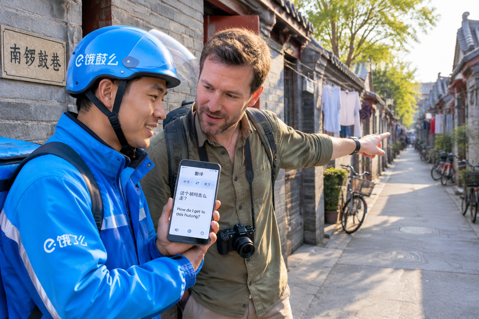 Chinese delivery rider showing a translation app on his phone to a lost foreign tourist at a Beijing hutong entrance