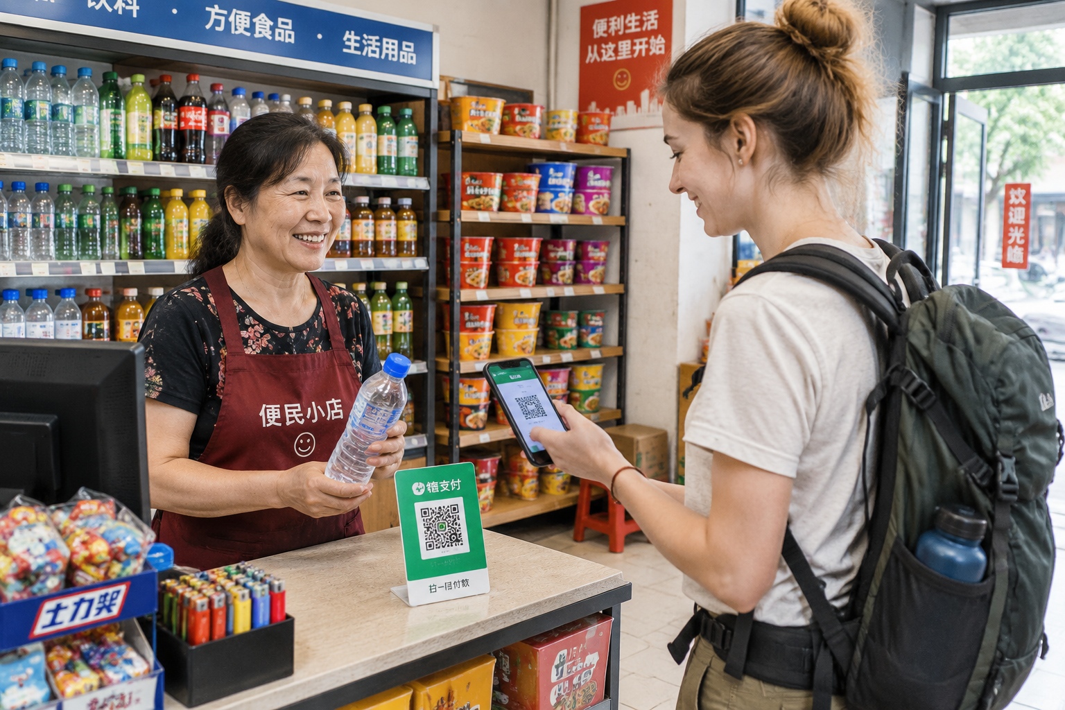 Chengdu convenience store owner watching a foreign customer pay by scanning a QR code on the counter