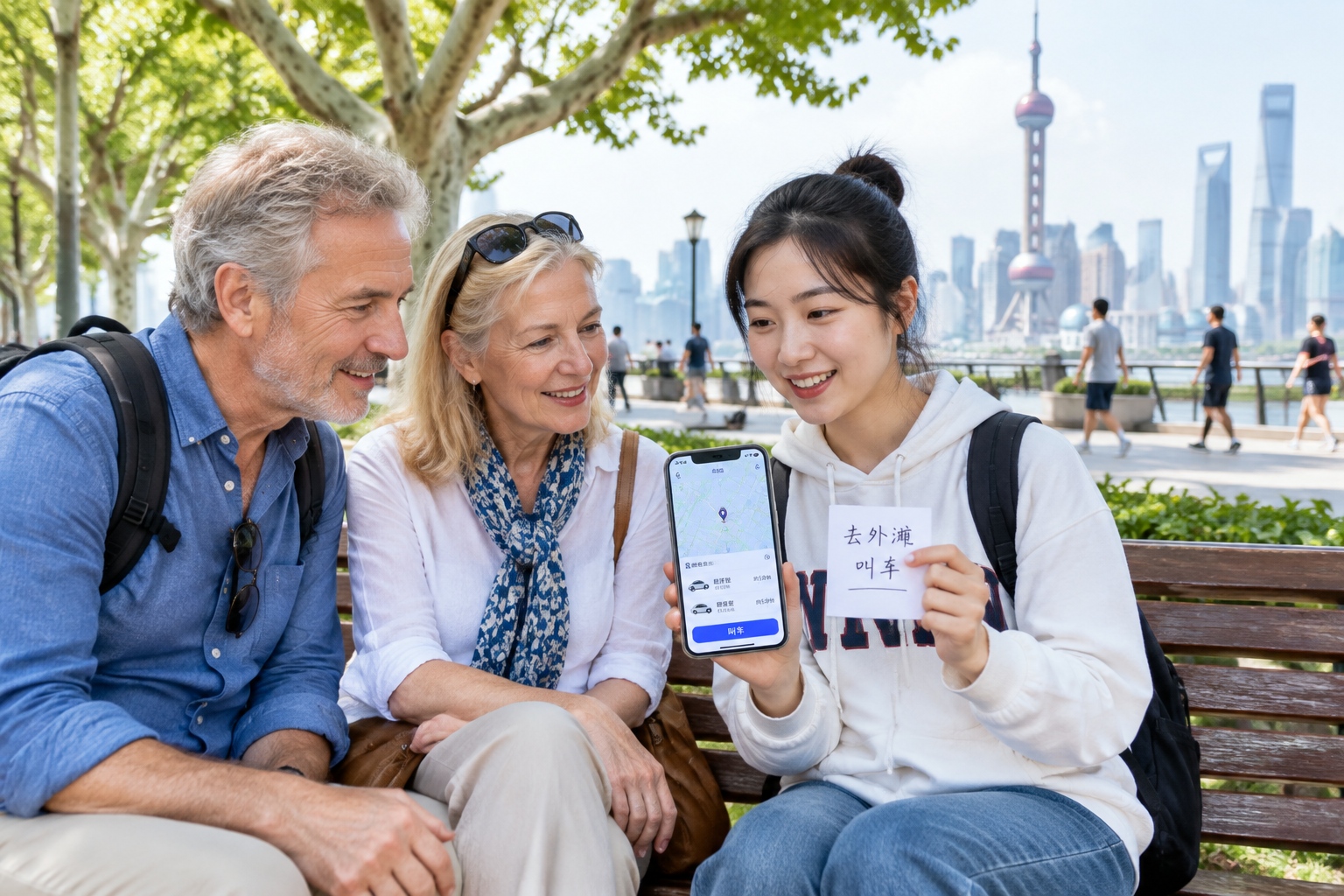 Chinese student volunteer showing a ride-hailing app to an older foreign couple on a park bench in Shanghai