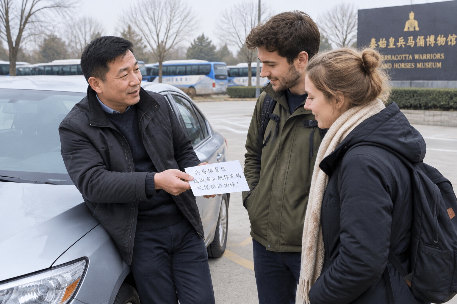 Xi'an ride-hailing driver handing a handwritten Chinese note to foreign passengers near the Terracotta Warriors