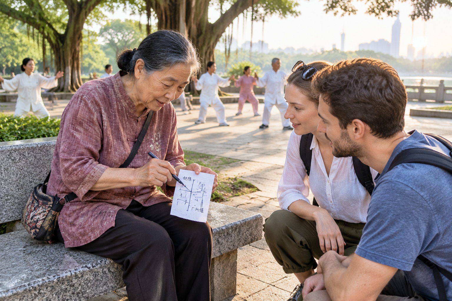 Elderly Chinese woman drawing a route map on the back of a receipt for a lost foreign couple in a Guangzhou park