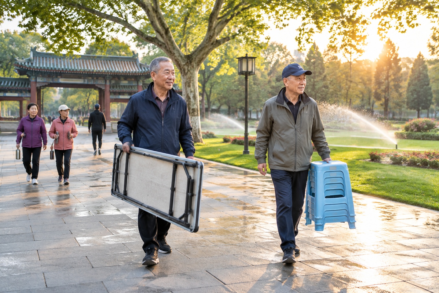 Two older Chinese men setting up a folding mahjong table on wet pavement at the north gate of a Chengdu city park early in the morning, with sprinklers running behind them