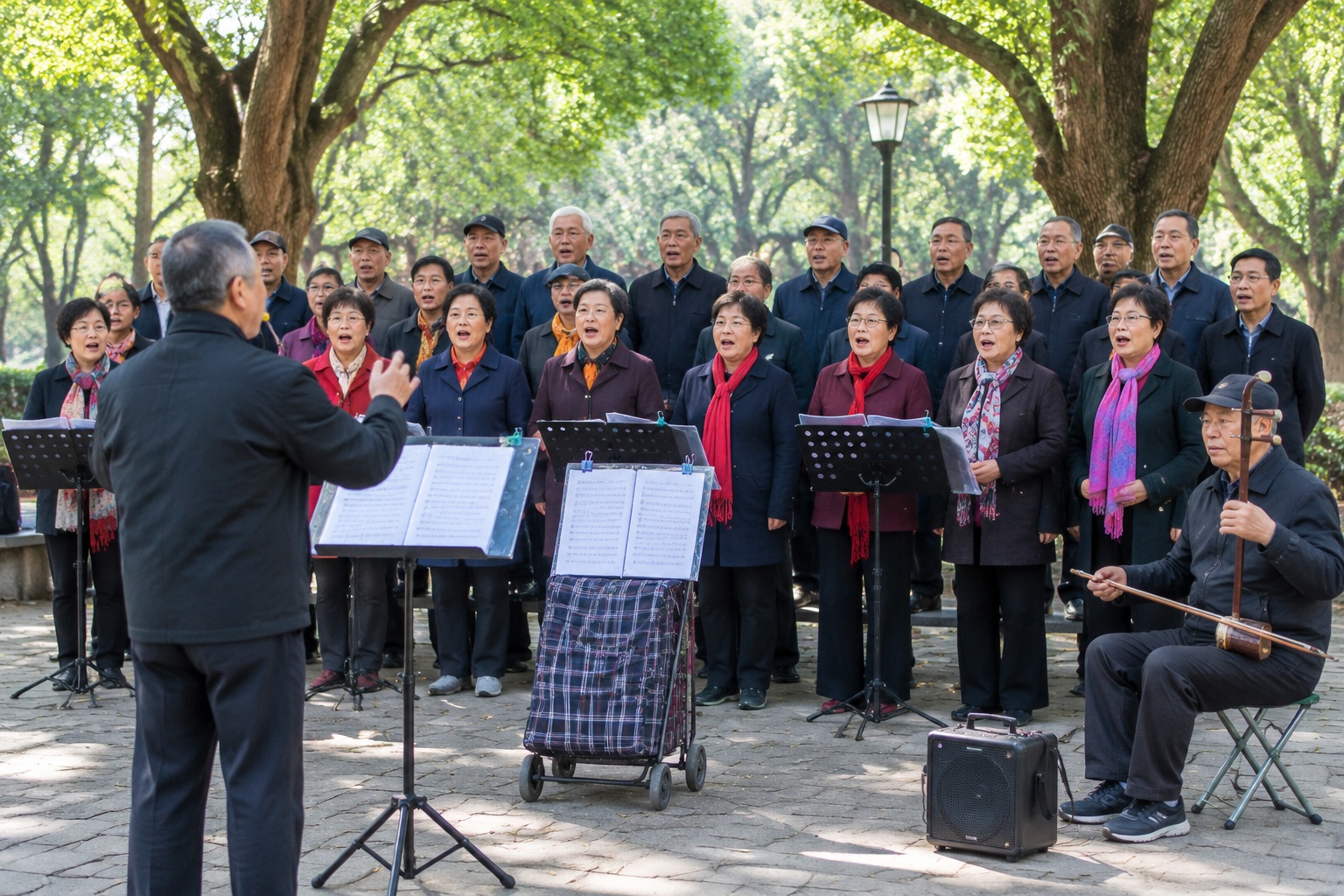 A group of about forty Chinese retirees singing together under camphor trees in a city park, with lyric sheets in plastic sleeves and a musician playing the erhu beside them