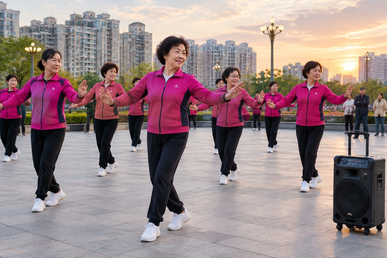 Chinese women in their sixties and seventies square dancing in rows on a paved plaza at dusk in front of a rolling loudspeaker, with apartment buildings behind them