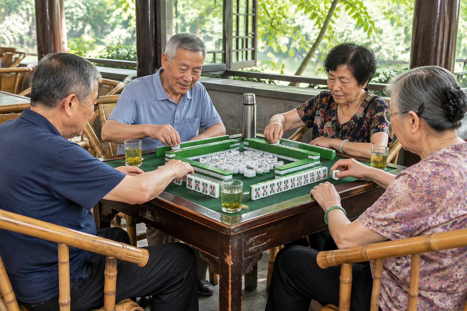 Four older Chinese players sitting around a square mahjong table in a park teahouse, with tiles mid-game and glasses of jasmine tea on the table