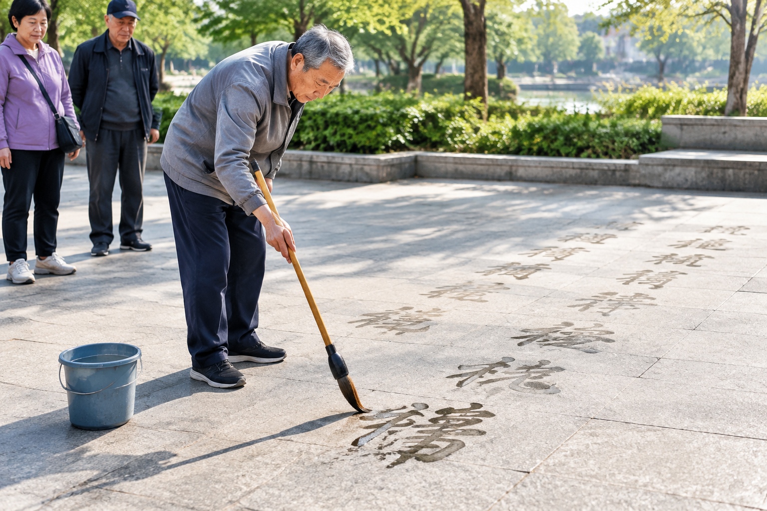 An older Chinese man writing large Tang dynasty characters with a water brush on the stone pavement of a city park, with the first characters already fading in the sun