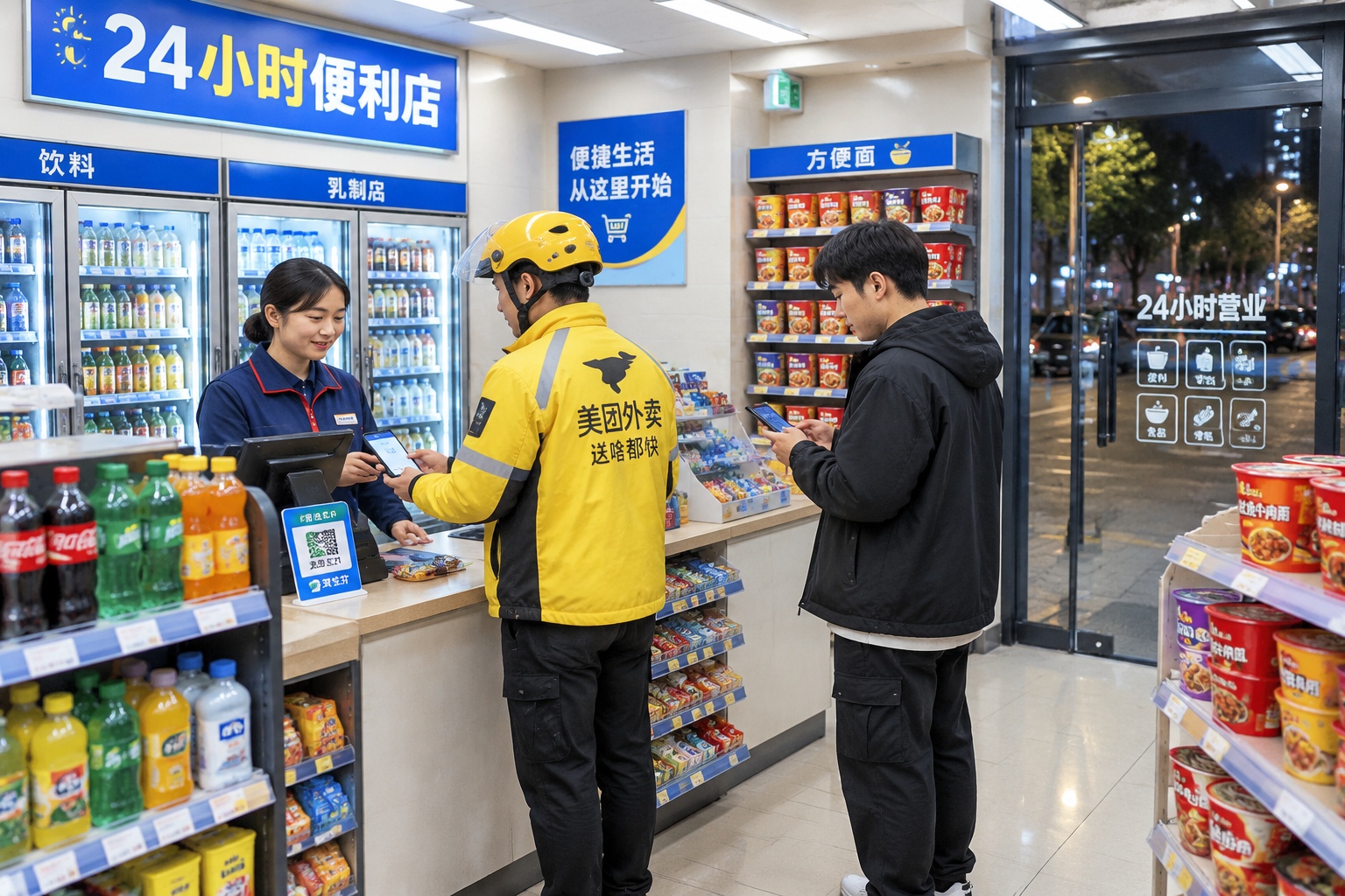 Interior of a 24-hour convenience store in a Chinese city at night with a clerk and two late-night customers paying by phone