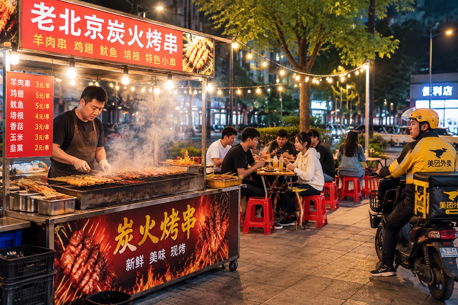 A late-night street food stall in China with diners on plastic stools and a delivery rider waiting on an e-bike nearby