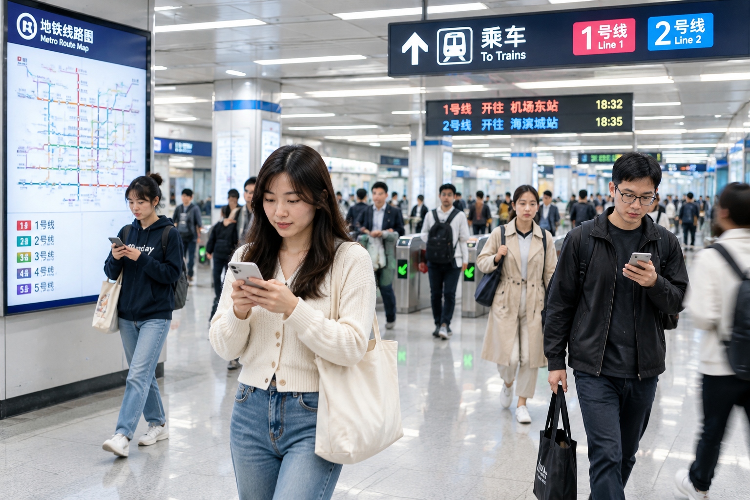 Commuters walk through the bright concourse of a Chinese metro station during evening rush hour