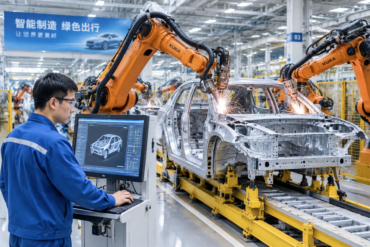 Industrial robot arms weld an electric car body on an assembly line in a Chinese factory while a technician monitors a screen