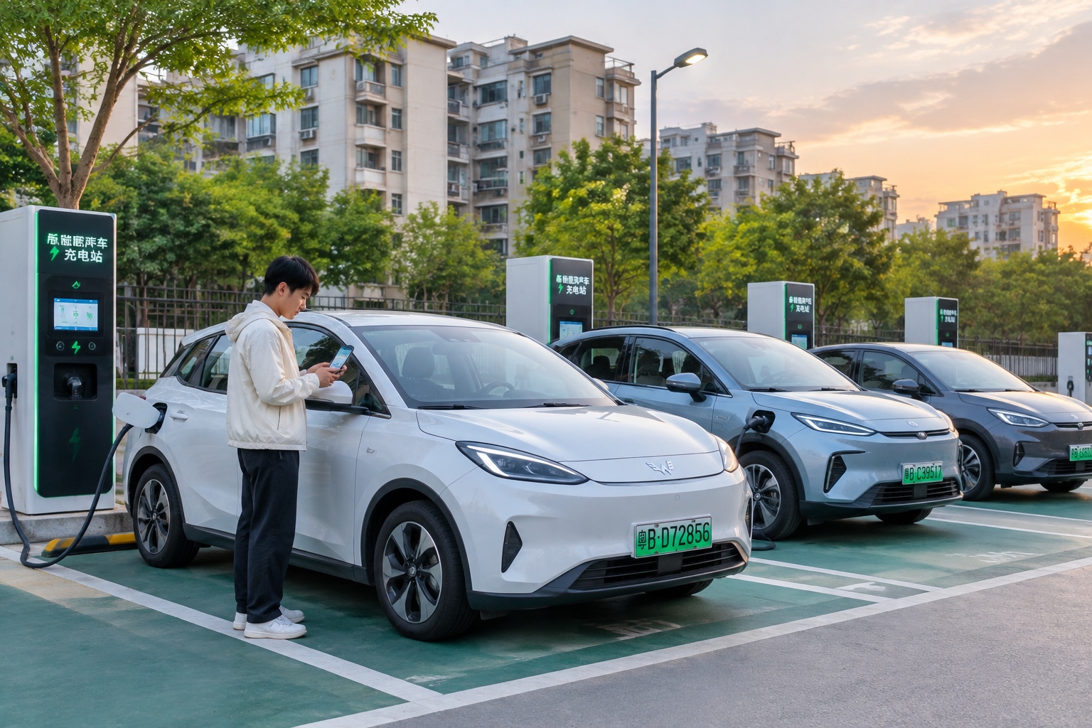 Drivers charge compact electric cars at a row of charging bays in a Chinese city parking lot at dusk